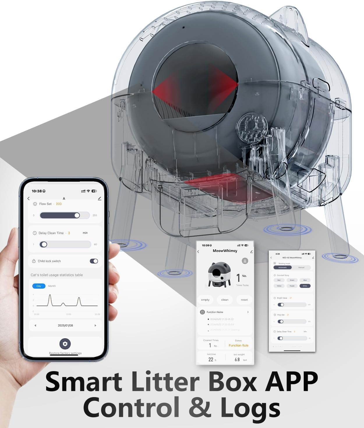 APEXORIGIN Self Cleaning Cat Litter Box, 76L+13L Extra Large Automatic Litter Box with Safety Protection, App Control, Odor-Free/Low Noise, Multi-Cat Design, Brush/Incense/2 Garbage Bags (White) image number 4