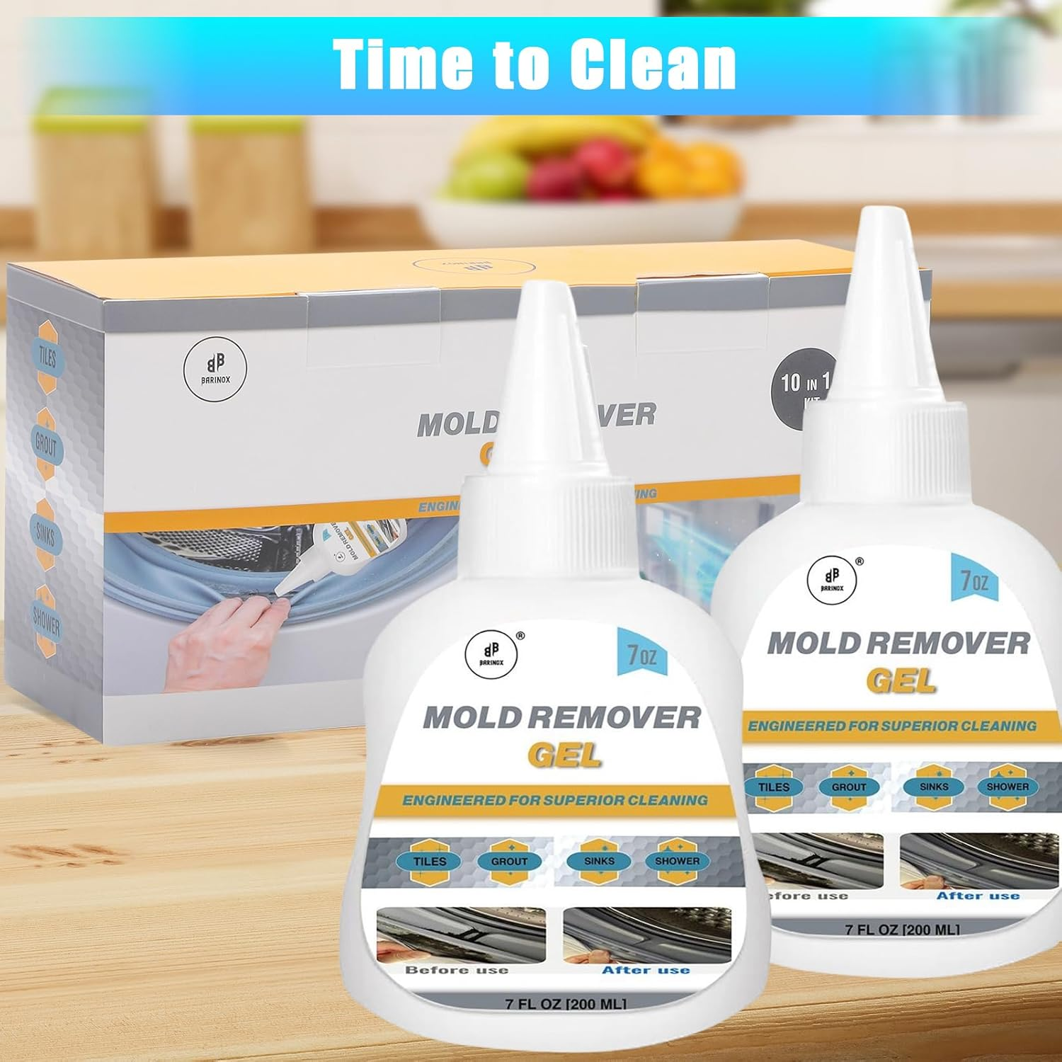 BARINOX Mould Remover Gel Kit - 10 in 1 Powerful Cleaner for Grout, Washing Machine, Tile, Shower, Kitchen Sink, Refrigerator Seals, Caulk, Bathroom, Toilet & Cleaning Brushes, Cloth and Gloves 400 ML image number 5