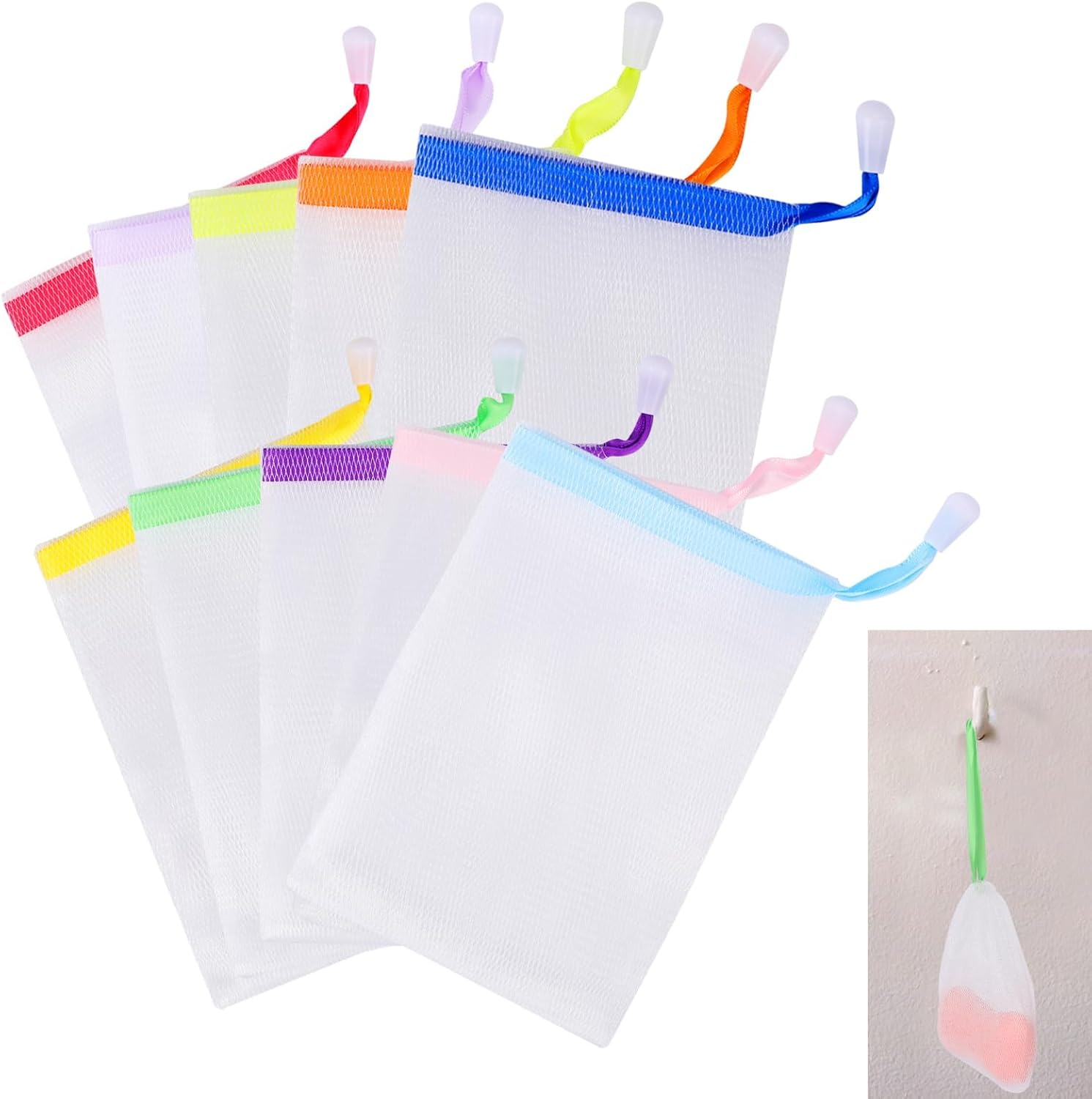 10PCS Random Color Soap Bags Handmade Soap Bubble Mesh Bags Exfoliating Soap Saver Pouch Net Bags with Drawstring Body Facial Cleaning Tool for Bath and Shower Personal Beauty Care Cleansers
