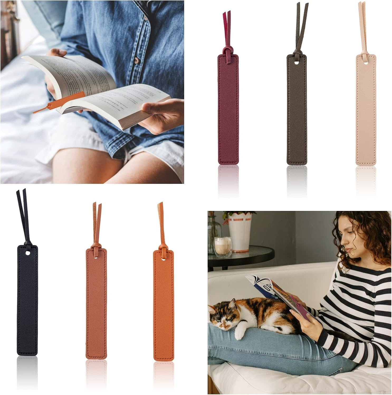 6 Pcs Leather Bookmarks with Rope, Classic Stitched Handmade Custom Bookmark with Cord for Men Women (Colorful) image number 4