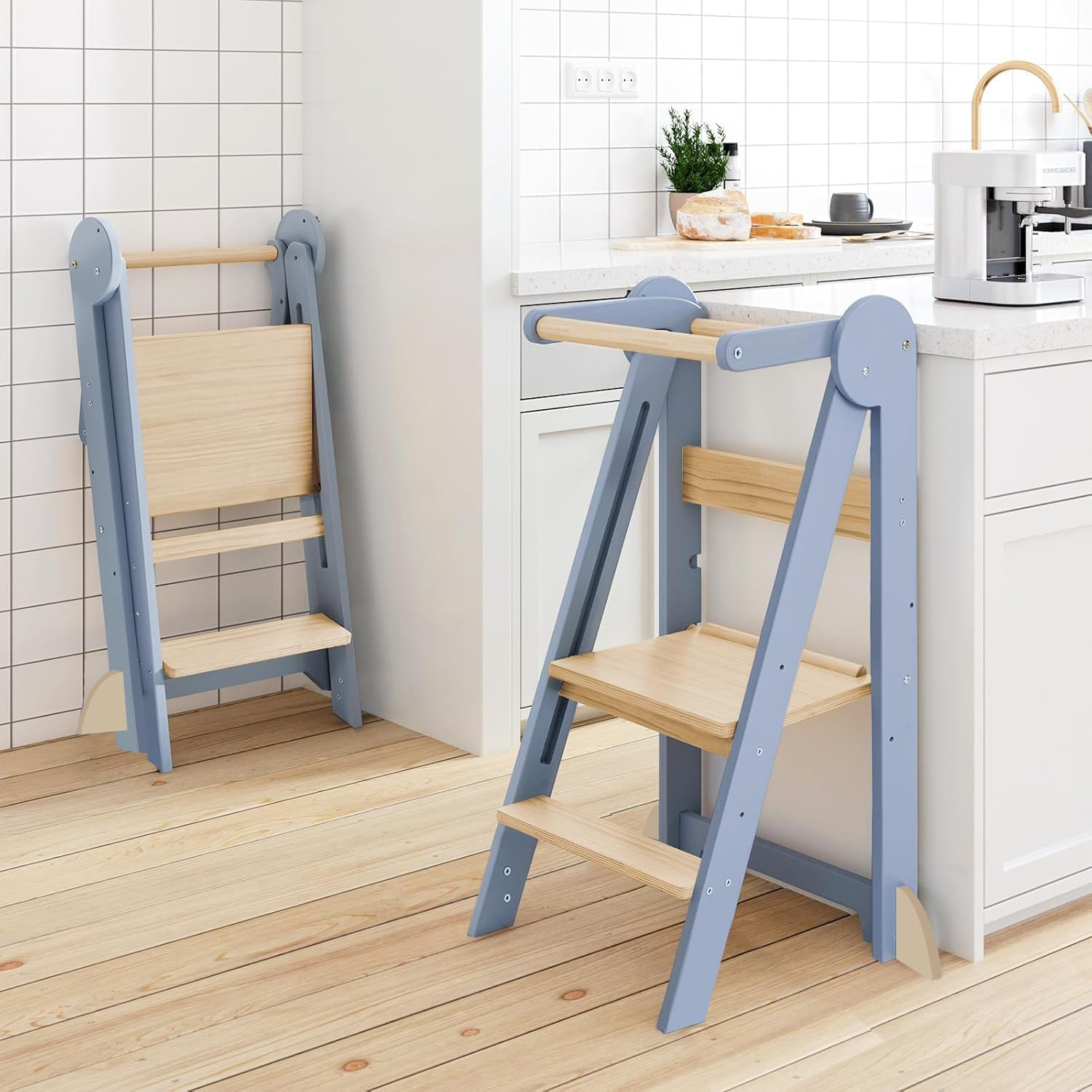 Forubar Learning Tower Toddler Tower, Foldable Learning Tower, Kids Step Stool with Adjustable Height, Kids Montessori Kitchen Bedroom Helper with Safety Rail (Grey) - Grey image number 2