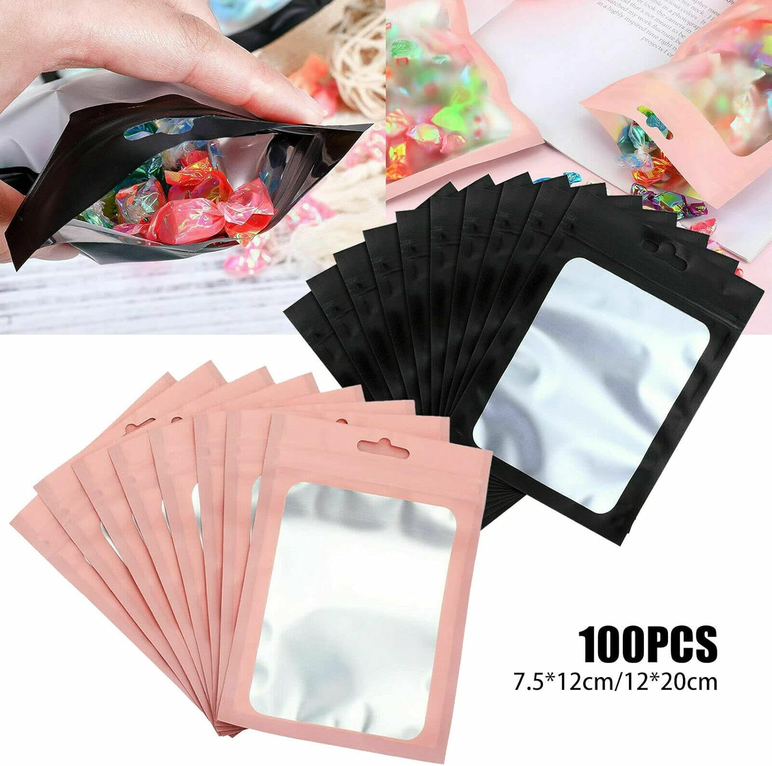 100Pcs Matte Shiny Zip Seal Mylar Bags Aluminum Foil Resealable Pouch (Black - 12 * 20Cm) - Black (12*20Cm) image number 3