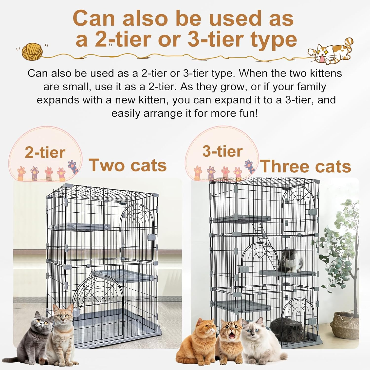 Cat Cage 3-Tier Indoor Cat Enclosure with Widen Bottom Buckle & Reinforced Locking Clamps DIY Cat Playpen for 1-2 Cats & Small Pets,30" L X 20" W X 52.5" H (Grey, Three-Tier)
