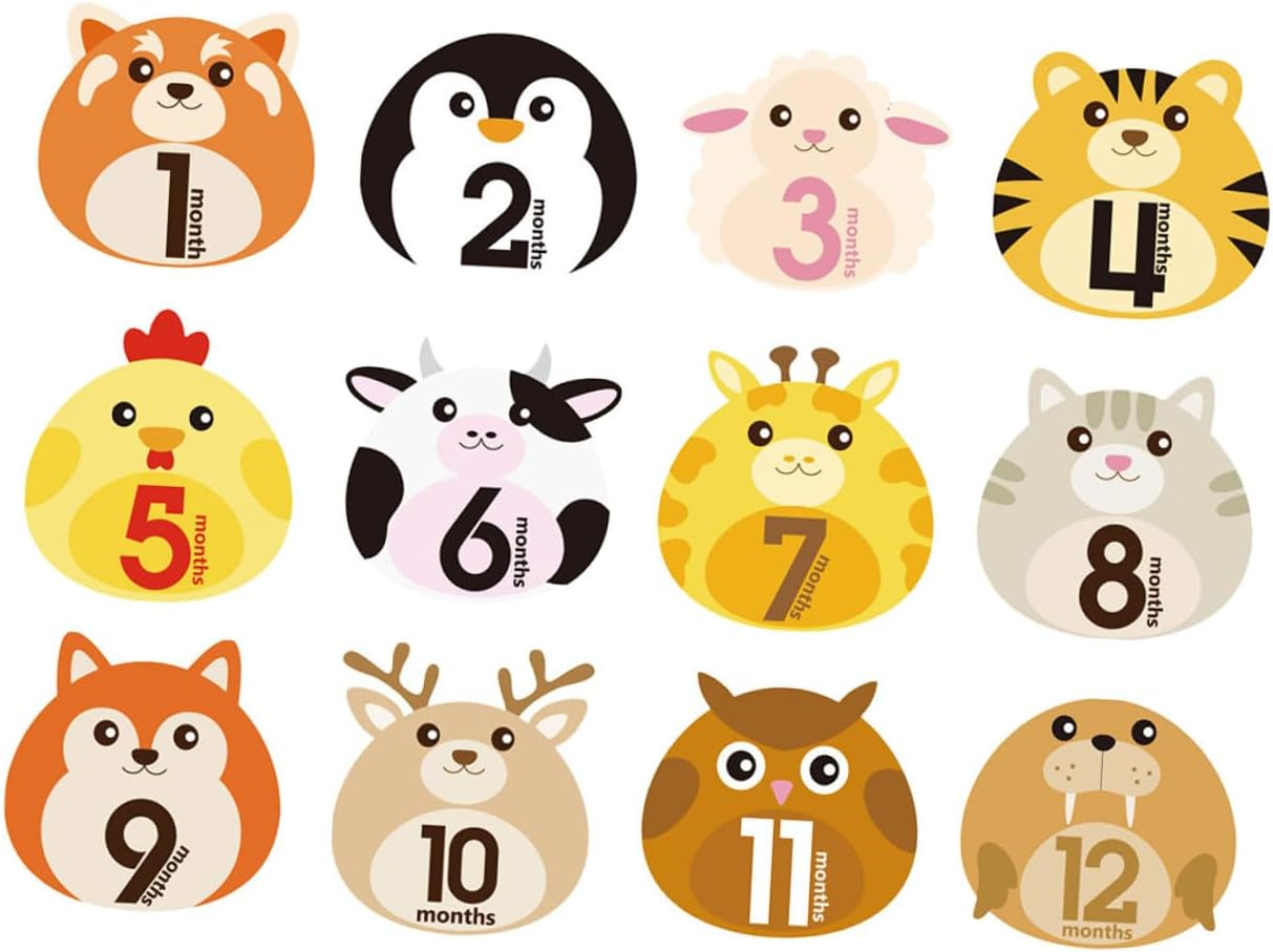 12 Sheets Milestone Stickers with Animal Design Self-Adhesive Monthly Decals for Newborn Photo Keepsake Reusable Belly Stickers for Boys image number 5