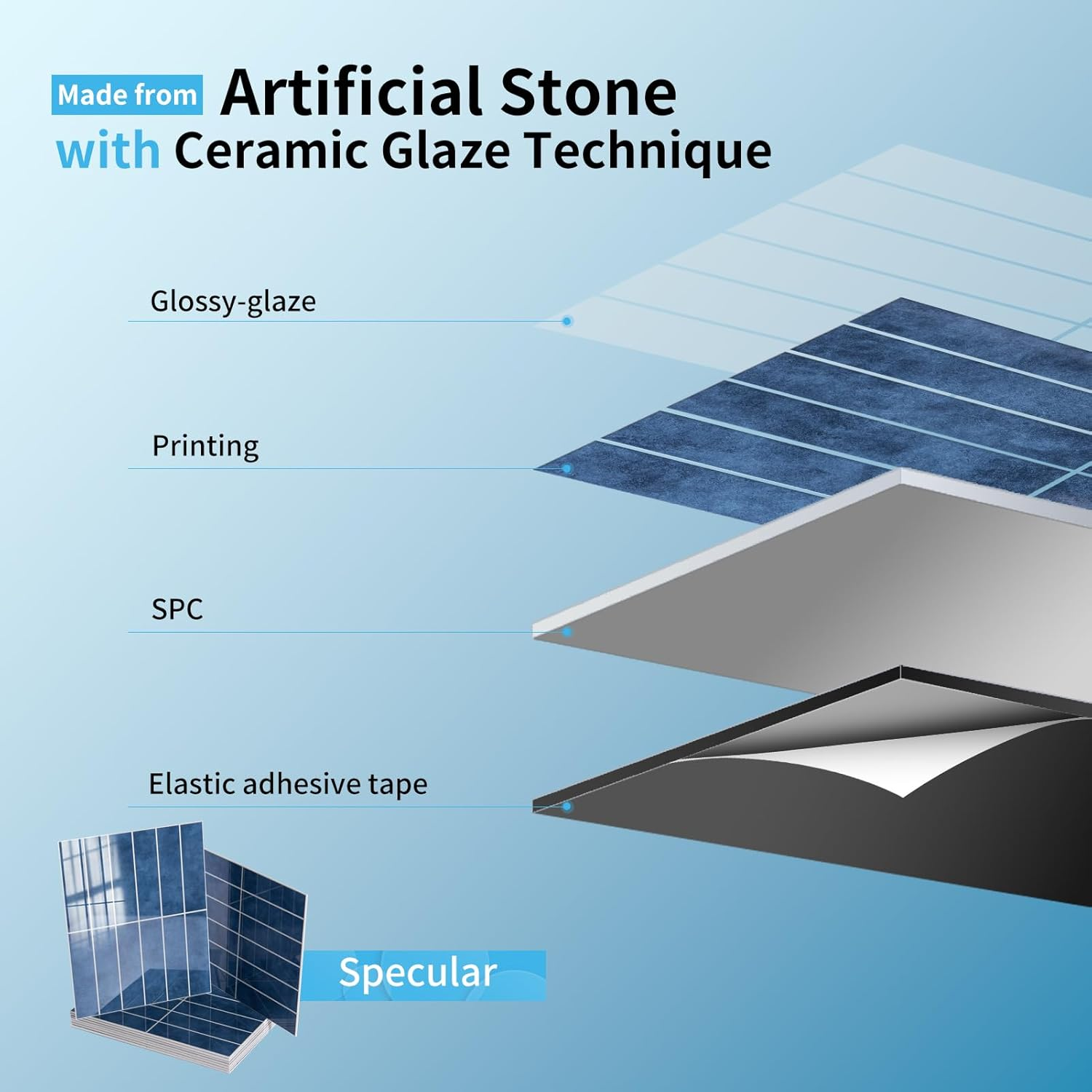 Art3D 10-Sheet Faux Marble Peel and Stick Backsplash Tile for Kitchen Wall Bathroom Countertops, 29X23 CM Stick-On Glazed-Ceramic Finish Resist to Water, Heat and Scratches, Blue image number 3