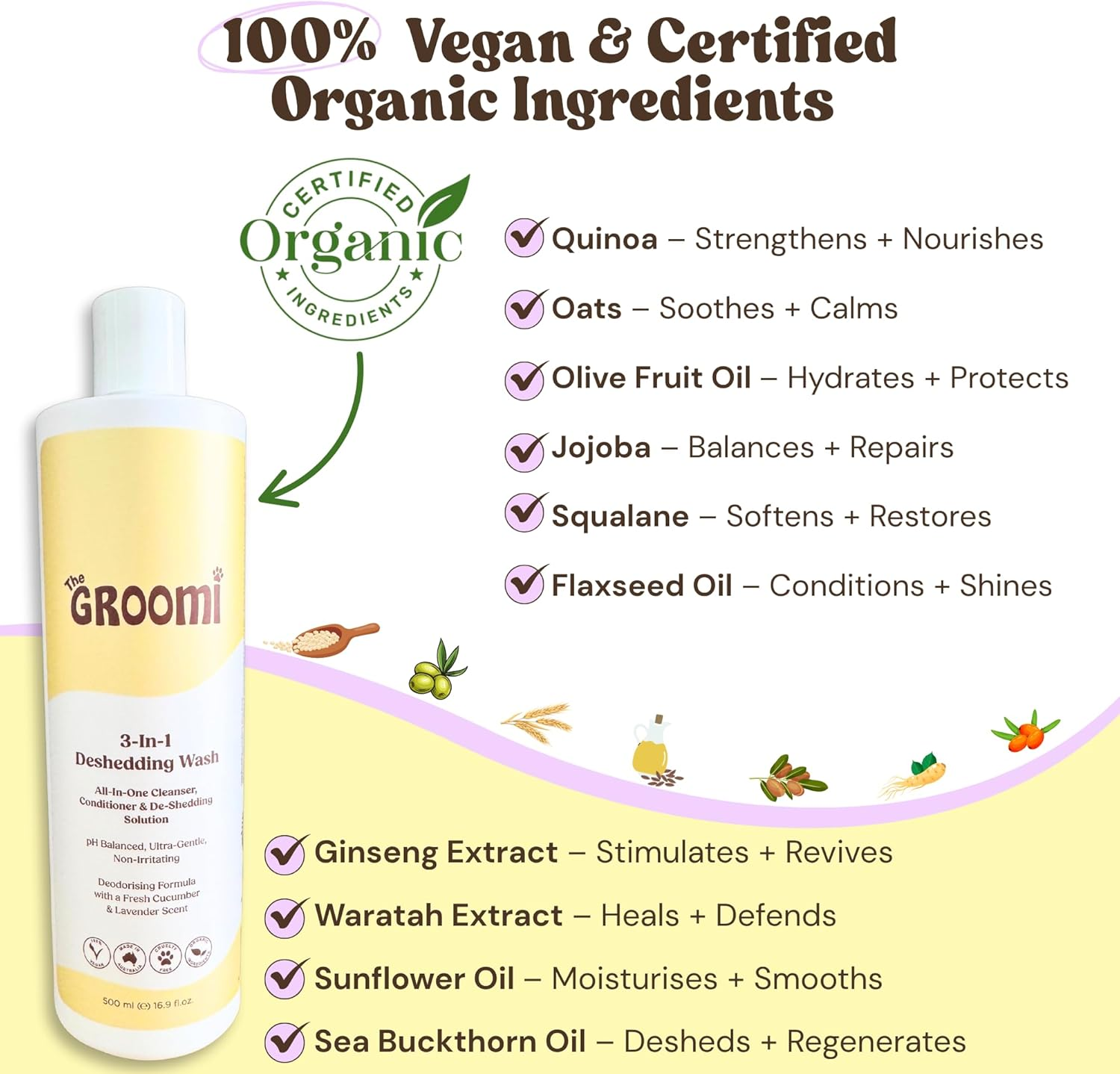 Groomi 3-In-1 Deshedding Wash - Organic Dog Shampoo & Conditioner Pet Supplies for Sensitive Skin | Cleans, Conditions & De-Sheds, Ph-Balanced, Vet-Approved, Chemical-Free, Ideal for All Breeds image number 1