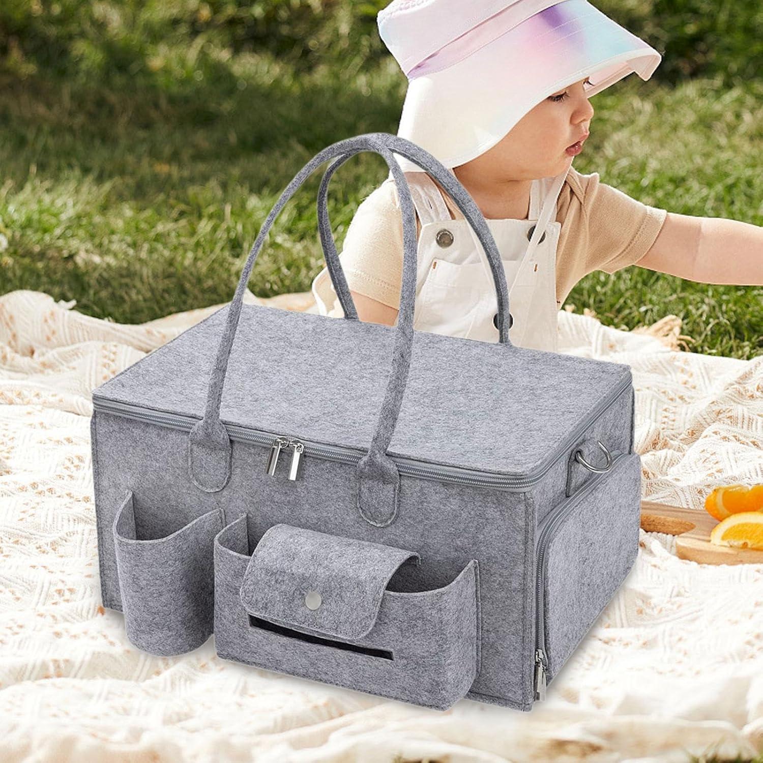 Baby Diaper Caddy Organizer with Lid &ndash; Large Portable Nursery Storage Basket for Diapers, Wipes & Baby Essentials &ndash; Travel Diaper Bag, Registry Must-Have (15.7" X 9.4" X 7.9") image number 3