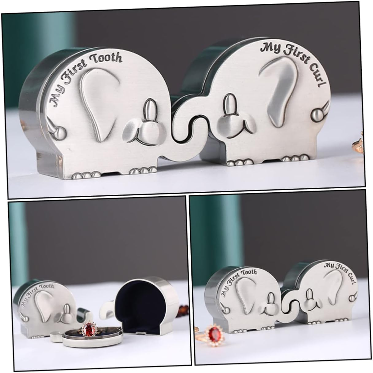 Elephant First Tooth and First Curl Keepsake Box for Newborns, Small Metal Baby Hair and Tooth Storage Holder, Silver Color, Newborn Memory image number 4