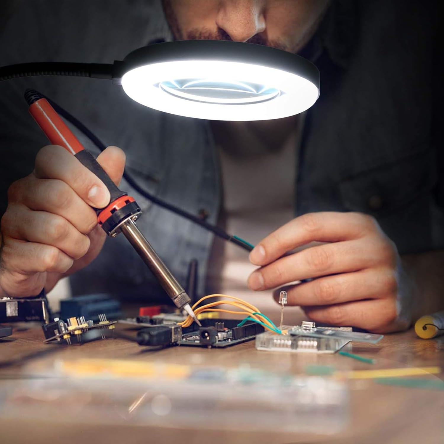 Magnifying Glass with Light, Adjustable Gooseneck Reading Lamp, 10X 48 LED Desk Lamp with Clamp, 3 Modes Dimmable LED Lamps for Bed Work Crafts DIY Repair image number 5