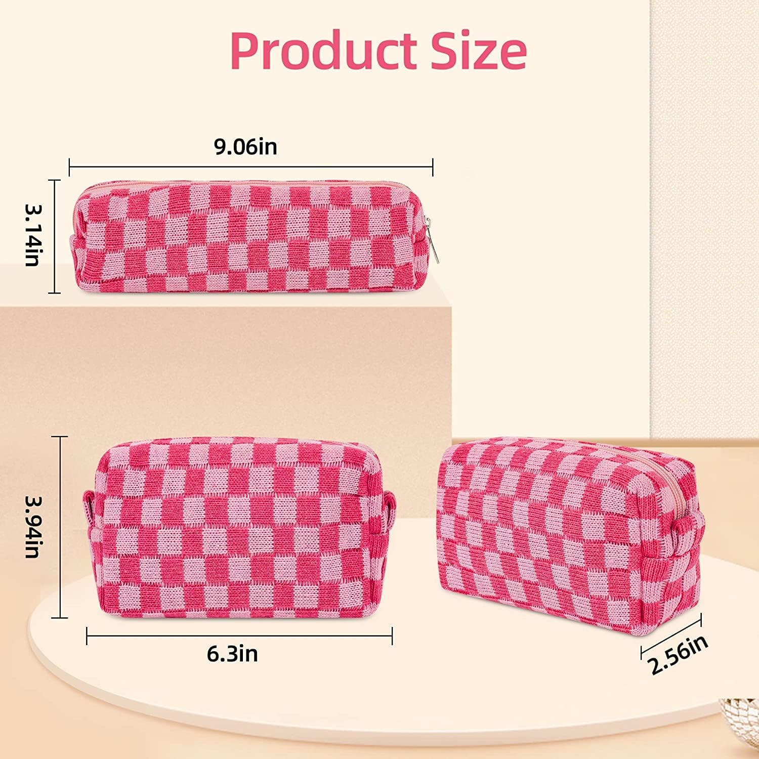 2Pcs Checkered Makeup Bag Knitted Cosmetic Bag,Large Capacity Makeup Bag and 1Pc Pencil Case Makeup Brush Storage Bag Knitted Toiletry Bag,Knitted Pencil Pen Case Storage Bag Large Knitted Purse,Pink image number 5