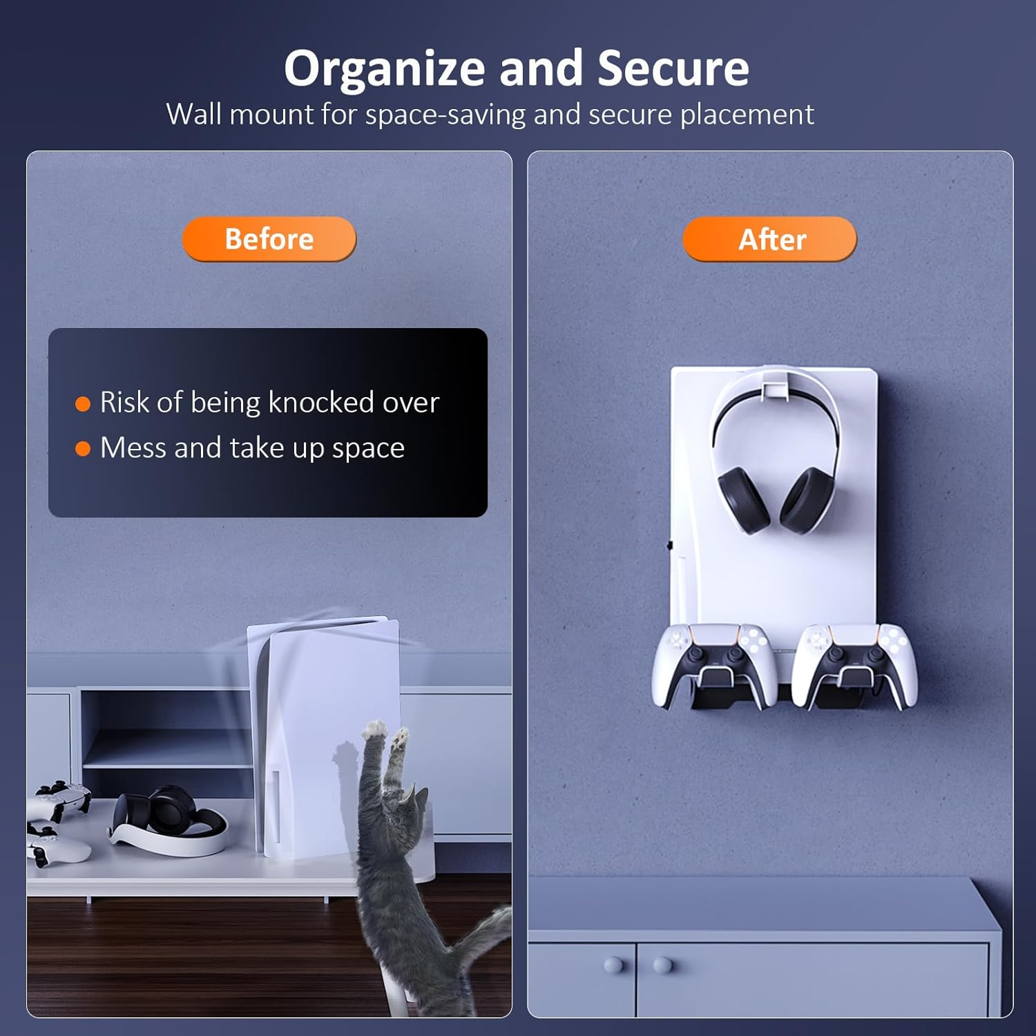 Nexigo Wall Mount Set for Playstation 5 (Disc & Digital), Dual Controller, Sturdy Steel Wall Stand Holder Mount with Headphone Hanger, Set Your PS5 Console near or behind TV