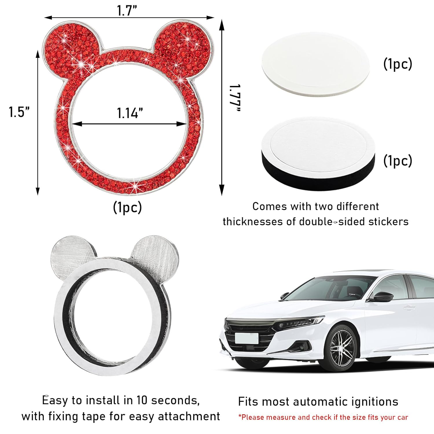 Augeny Bling Car Engine Start Button Cover, Rhinestone Key Ignition Knob Ring, Sparkling Push to Start Button Sticker for Women, Universal Car Accessories for Interior Decoration (1PC, Red) image number 5