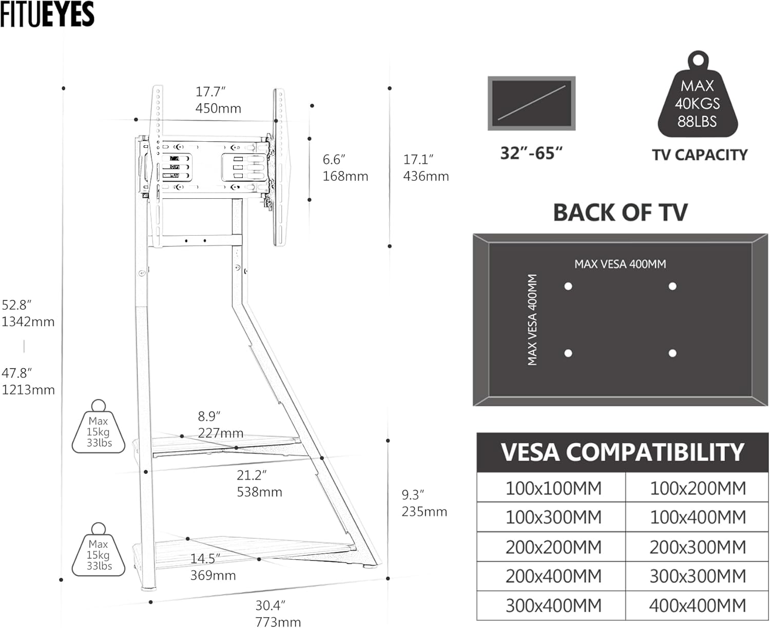 FITUEYES Design Floor TV Stand for 32 43 50 55 65 Inch Tvs, Corner Floor TV Stand Rolling TV Cart for LCD/LED Flat Curved Screens, Modern Living Room Television Stands, Eiffel Series image number 3