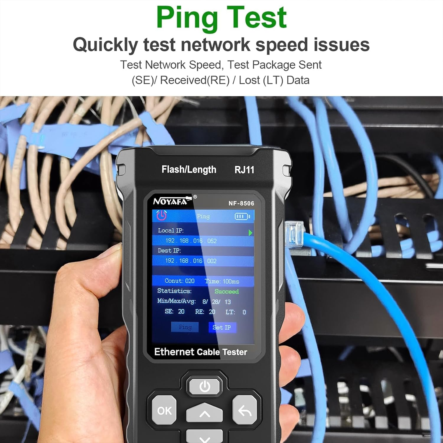 Network Cable Tester with IP Scan, NF-8506 TDR CAT5 CAT6 Ethernet Cable Tester, Poe Ping Test, Network Rate Test, Port Flashing, Network Tester Cable Toner for RJ11 RJ45 Ethernet LAN image number 1