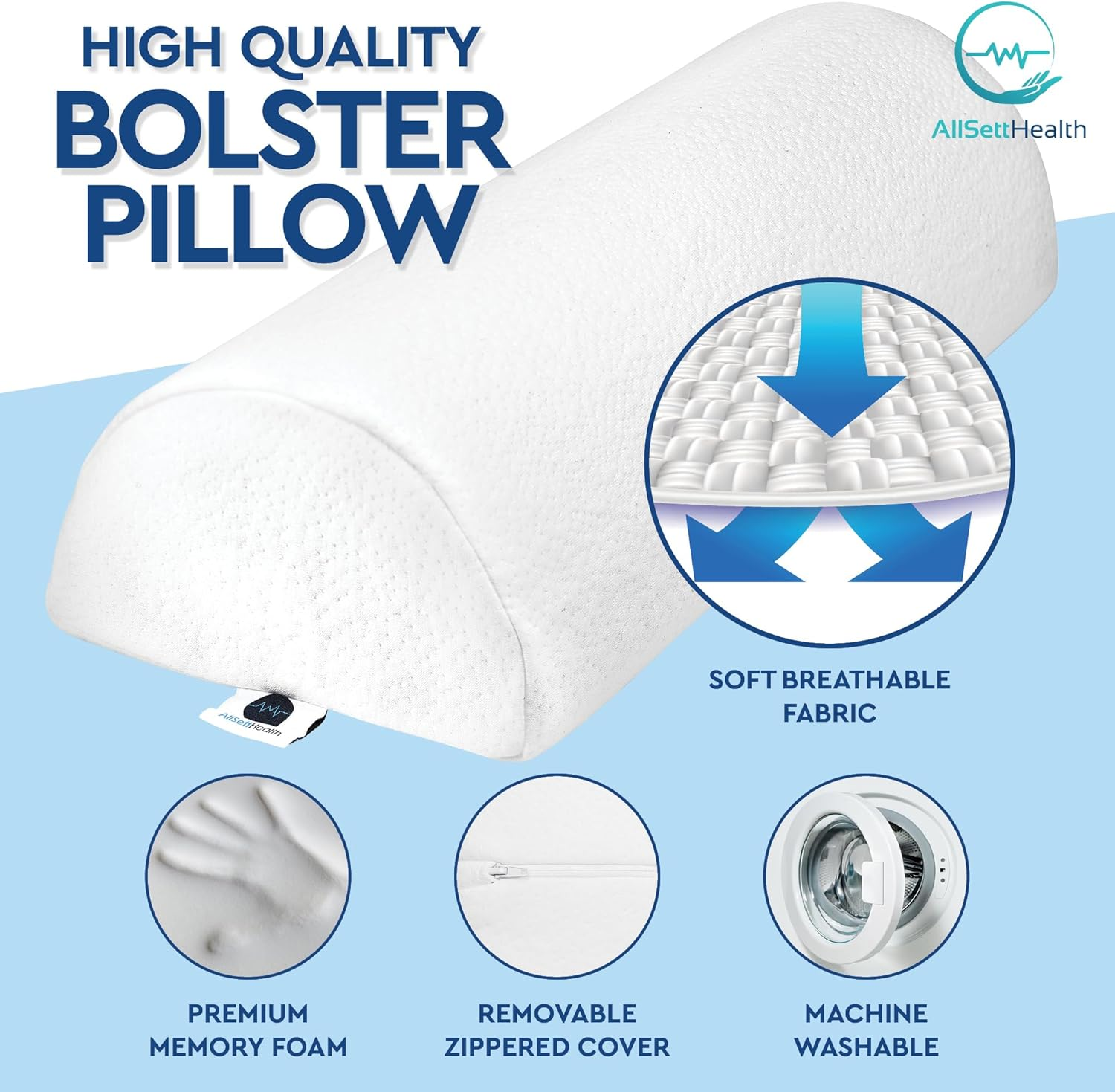 Allsett Health Half Moon Bolster Pillow for Legs, Back and Head (2 Pack) Semi Roll for Ankle and Foot Comfort with White Cotton Machine Washable Cover | Premium Memory Foam | 2 Pillow System