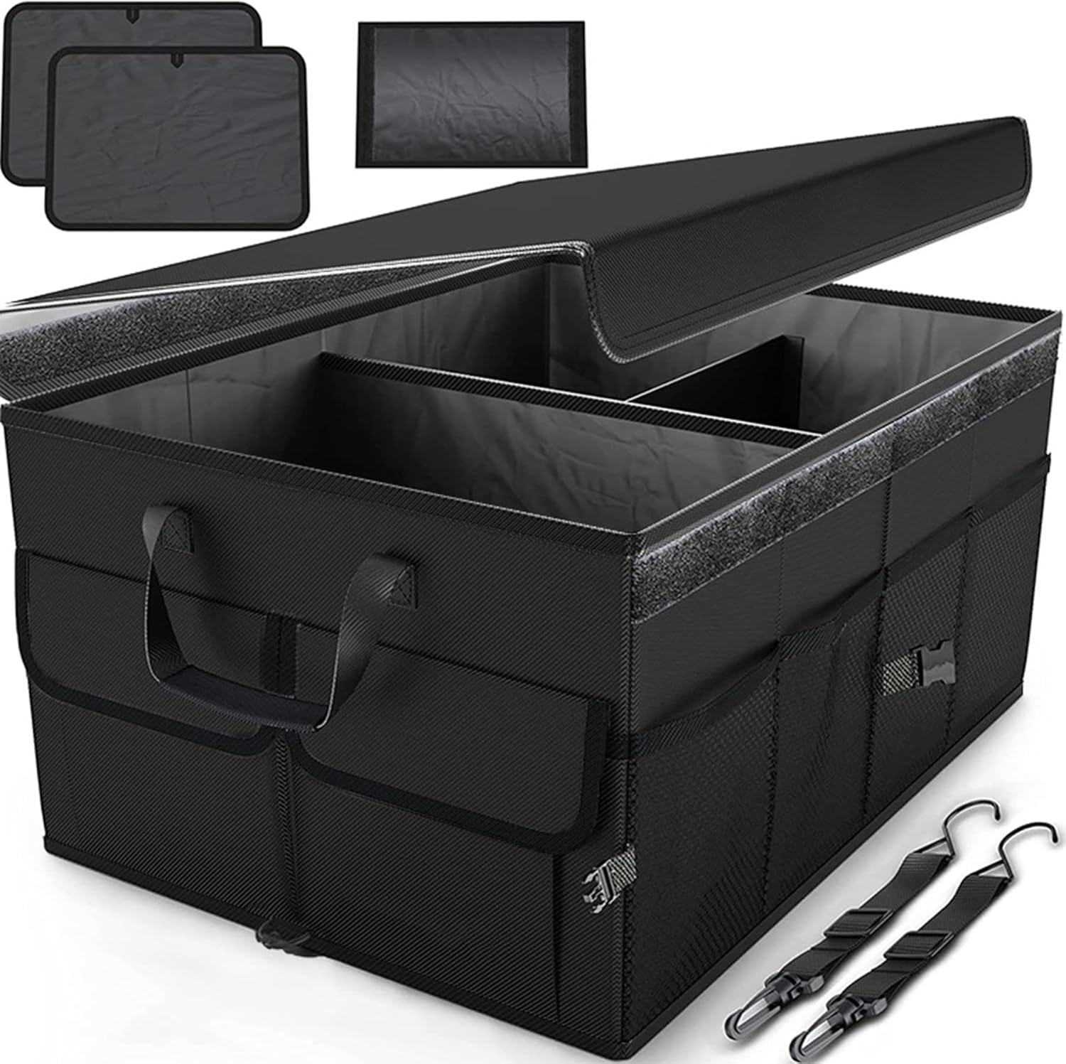 Car Boot Organizer with Lid, Collapsible Trunk Organizer with 12 Pocket, Non Slip Portable Multi Compartment Boot Tidy Sturdy Storage Box for Suvs, Sedans, Truck, Pickup Accessories (Black)