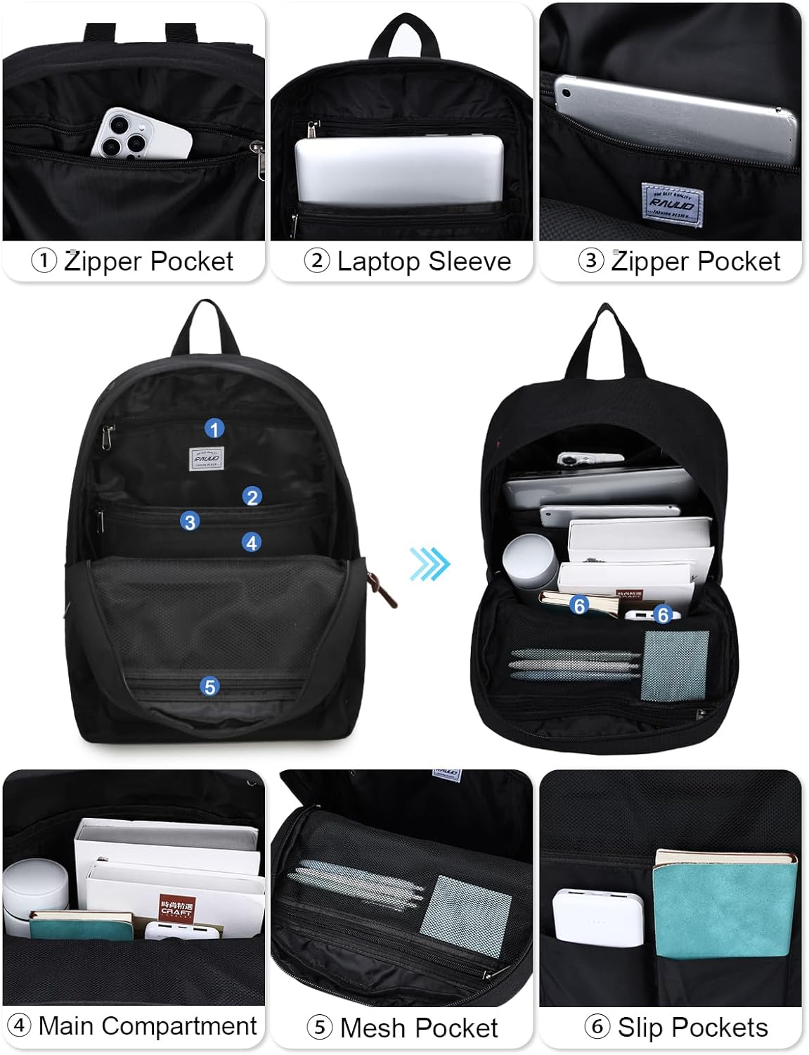 School Backpack,Ravuo Water Resistant Unisex Classic Basic Casual Bookbag - Blue image number 4