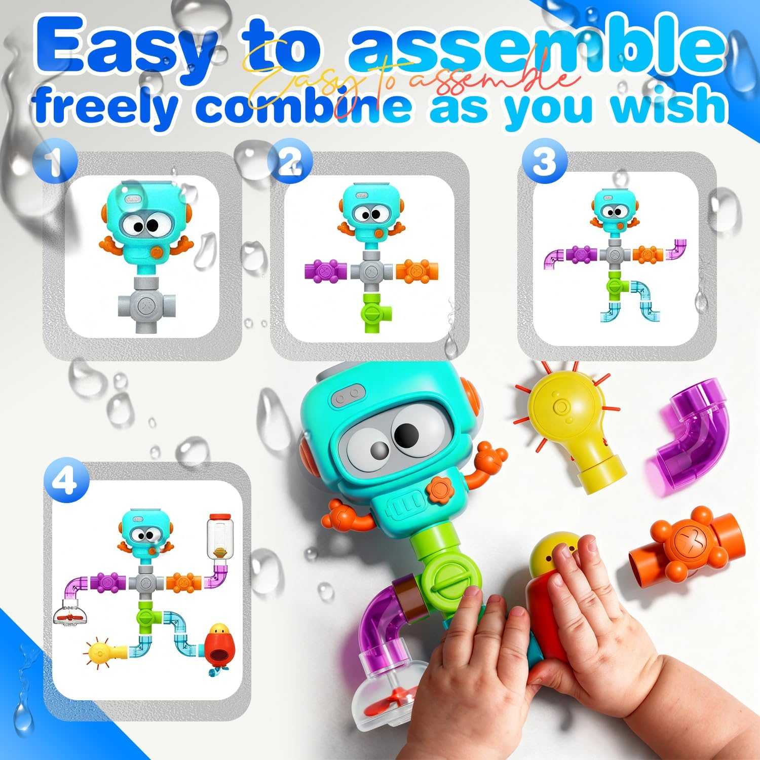 Wukon Baby Bath Toys for Toddlers - Waterworks Pipes Bath Toy for Kids Ages 3-8 with Suction Cups, Baby Bathtub Toy with Interactive Features for Cognitive Development Learn Gift for Boys Girls image number 2
