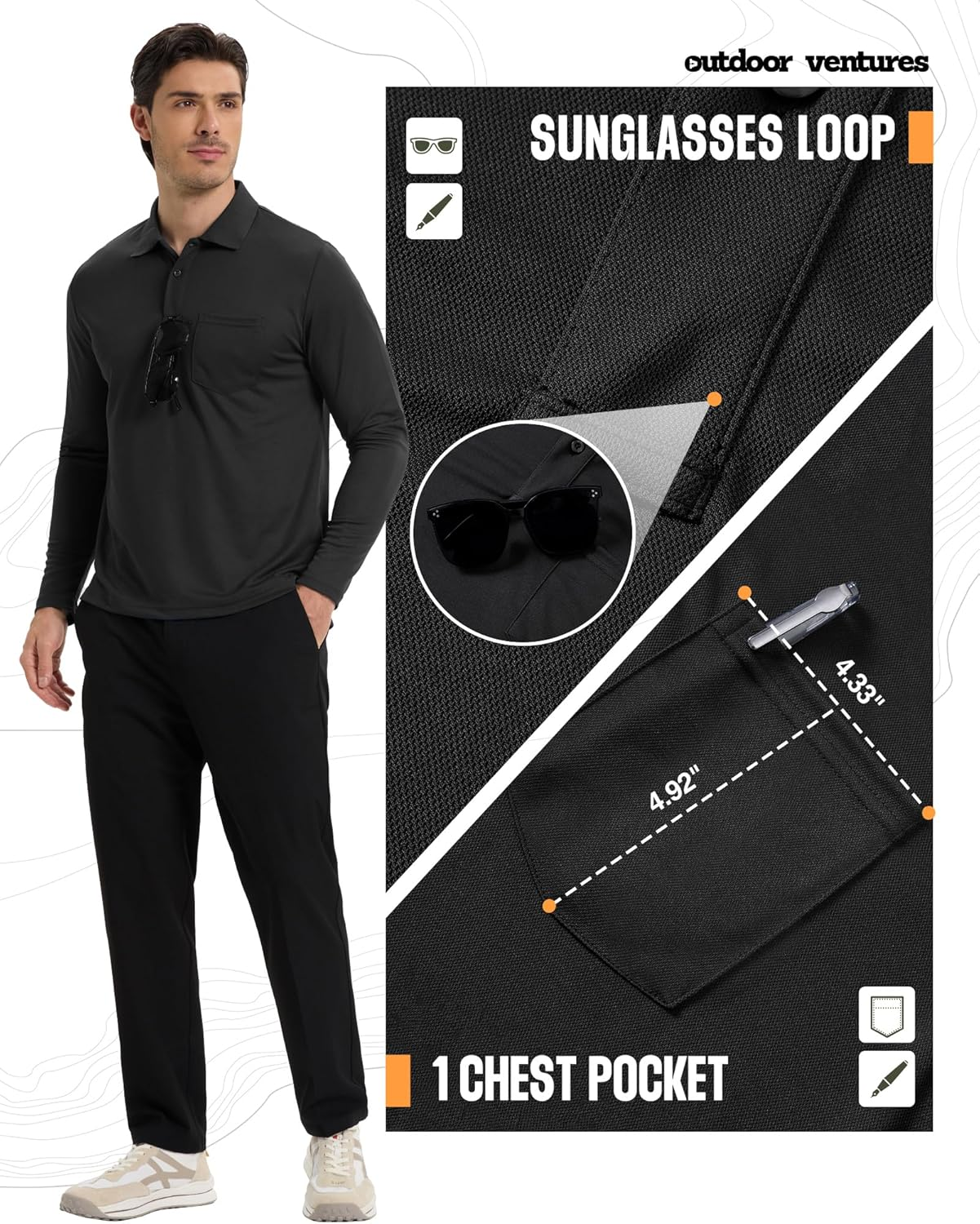 33,000Ft Men'S Long Sleeve Polo Shirt UPF50+ Breathable Golf Polo Moisture Wicking Quick Dry T Shirt Stretch Sports Athletic Tennis Performance Polo Lightweight Casual Work Top Black L image number 5