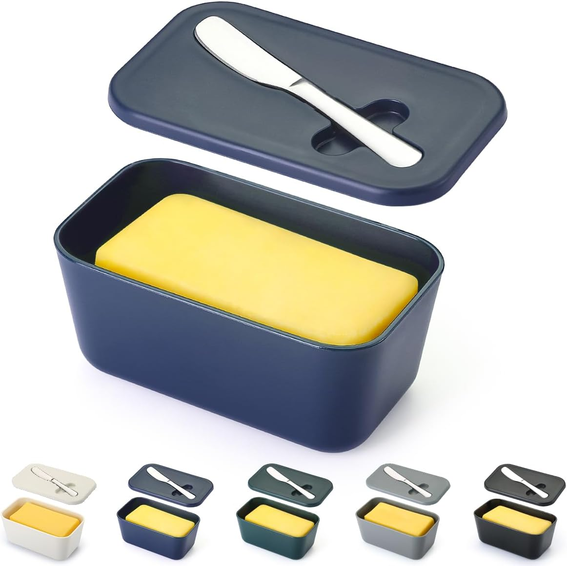 Butter Dish with Lid for Countertop and Refrigerator Door Shelf, Reanea Plastic Butter Holder Tray Container with Butter Knife, Easy Scoop Dishwasher Safe