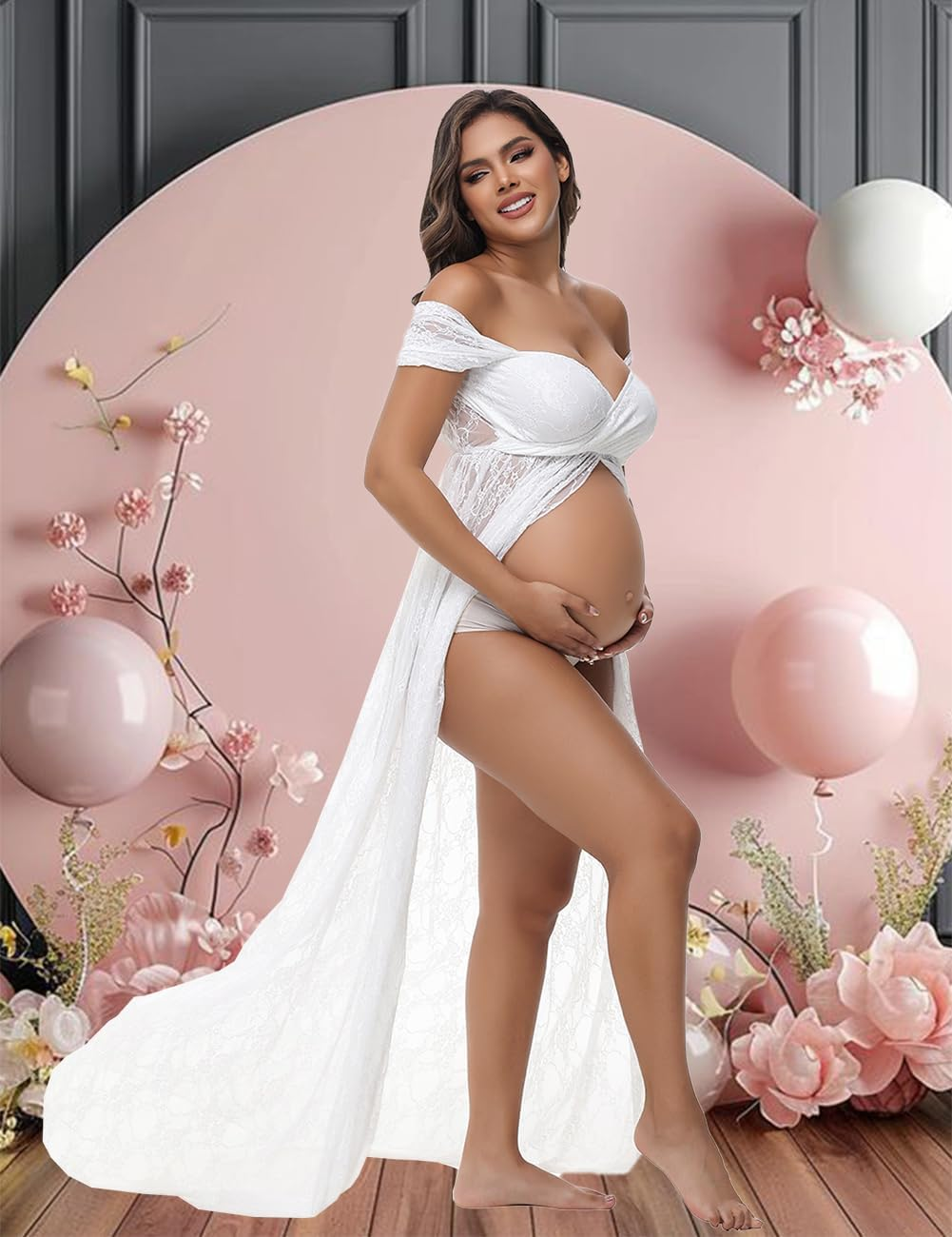 Justvh Maternity Dress for Photoshoot Chiffon off Shoulder Split Maxi Photography Gown with Flowy Long Train image number 1