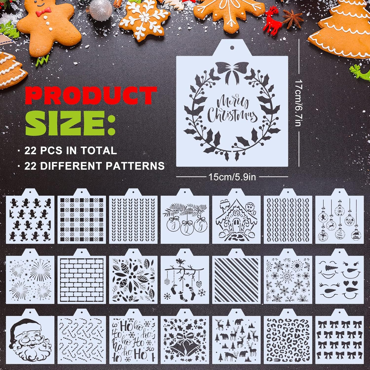 Whaline 22Pcs Christmas Stencils Snowflake Santa Candy Canes Flowers Gingerbread Pattern Airbrush Painting Stencils Christmas Biscuit Cake Baking Templates for Xmas Party DIY Craft, 6.7 X 5.9 image number 3