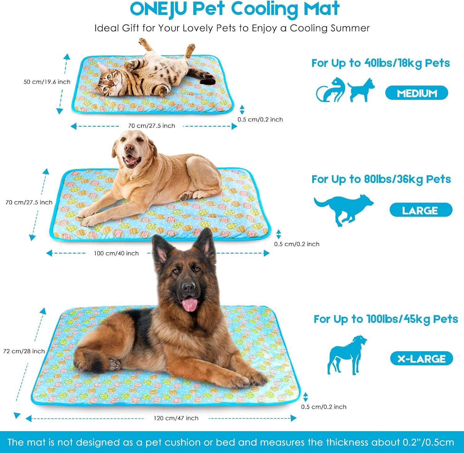 Cooling Mat, ONEJU Cooling Mat for Dogs and Cats, Medium Pet Cooling Mat 70X50 Cm 27.5X19.6 Inch, Cooling Pad for Dog, Blue
