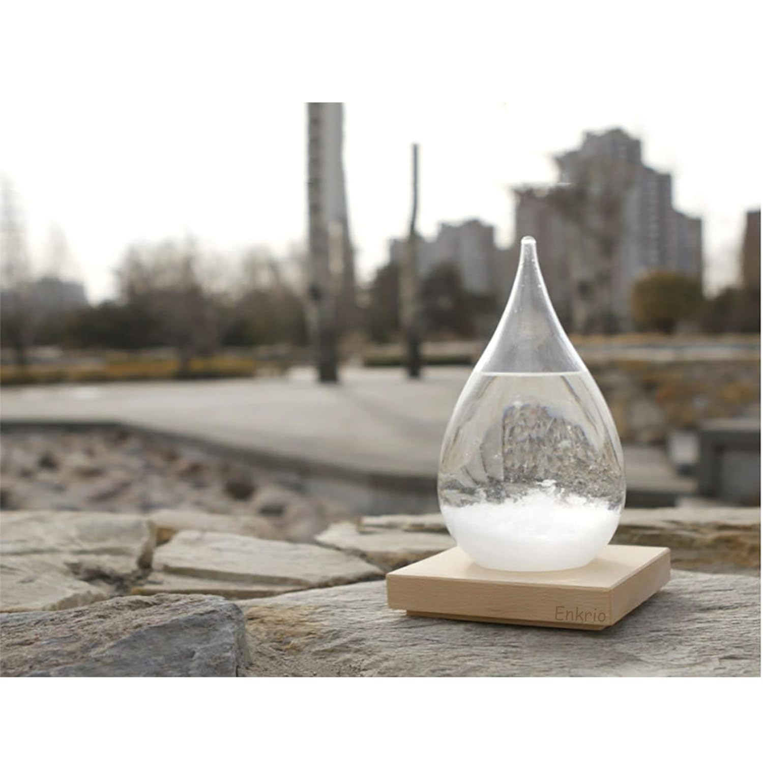 Enkrio Storm Glass Weather Predictor, Weather Station Weather Forecaster with Wood Base, Creative Crystal Glass Bottle for Home & Office Decoration (S)