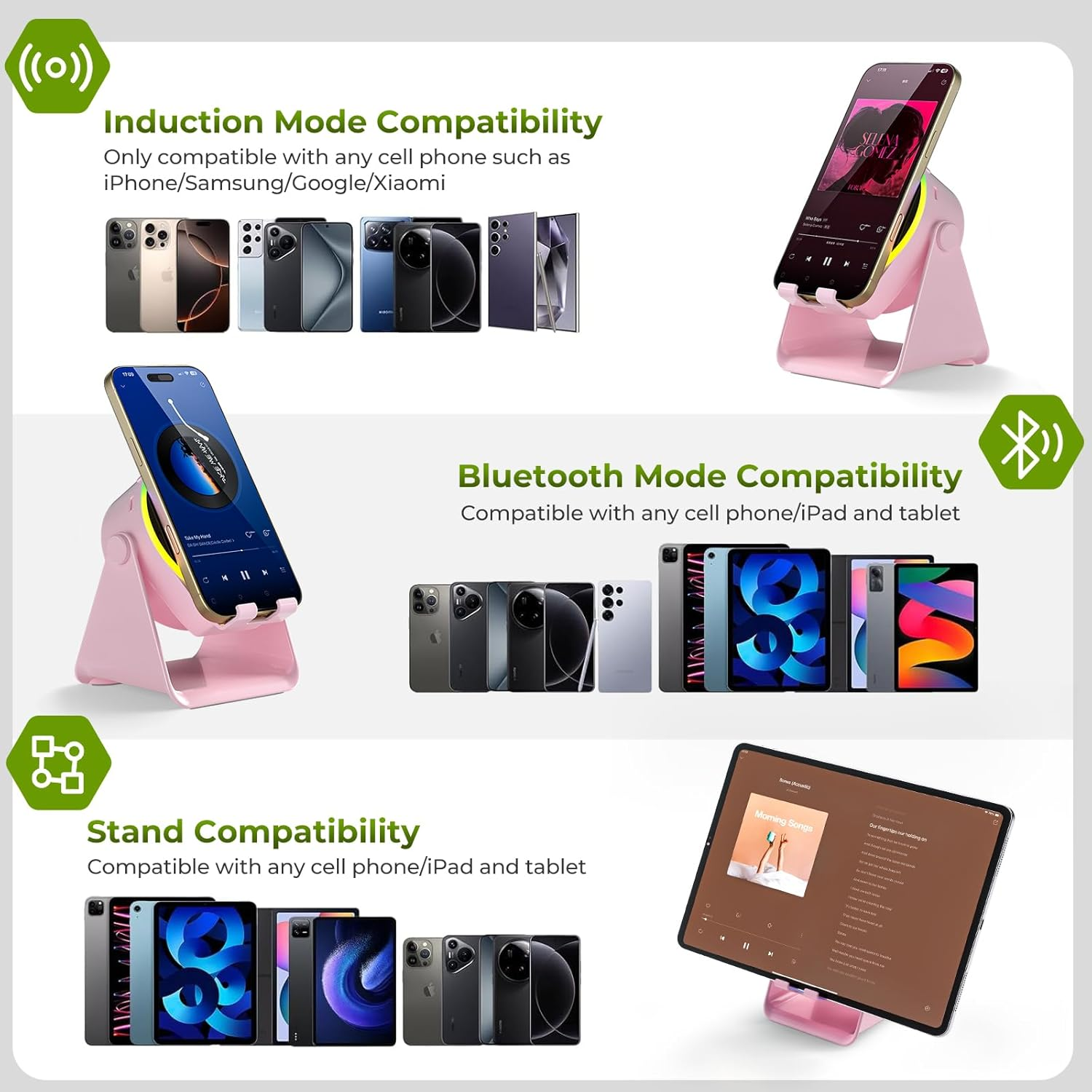 Wireless Induction Speaker, Cell Phone Stand with Bluetooth Speaker, Stereo Sound, RGB Ambient Light, Phone Holder Compatible with Iphone/Ipad/Android/Samsung Galaxy (Pink) - Black image number 5