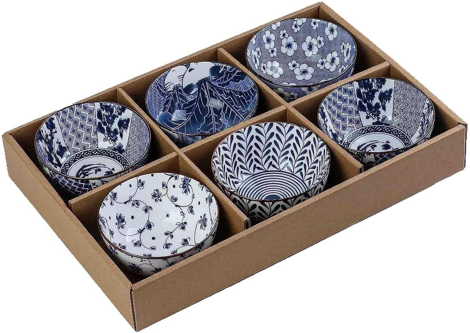 6 Pack Ceramic Bowls,Blue and White Japanese Ceramic Rice Bowls 10 Oz,Ideal for Cereal, Soup, Dessert, Snack, Fruit, Salsa image number 1