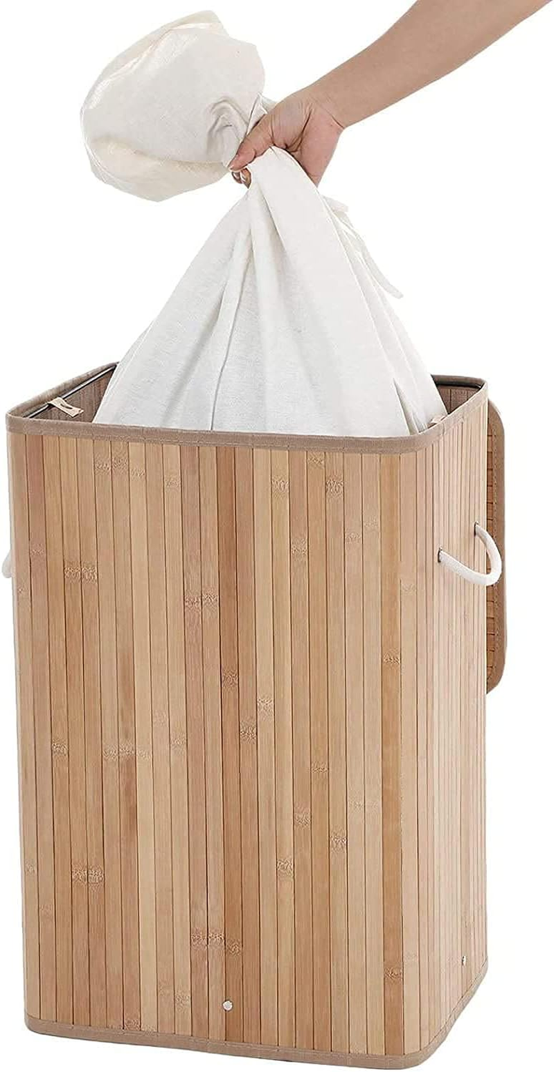 Large Laundry Handles Laundry Basket, Cotton Rope Laundry Hamper, Storage Basket Bamboo Woven Basket Dirty Clothes Hamper Organizer Rectangle & round (Rectangle) image number 6