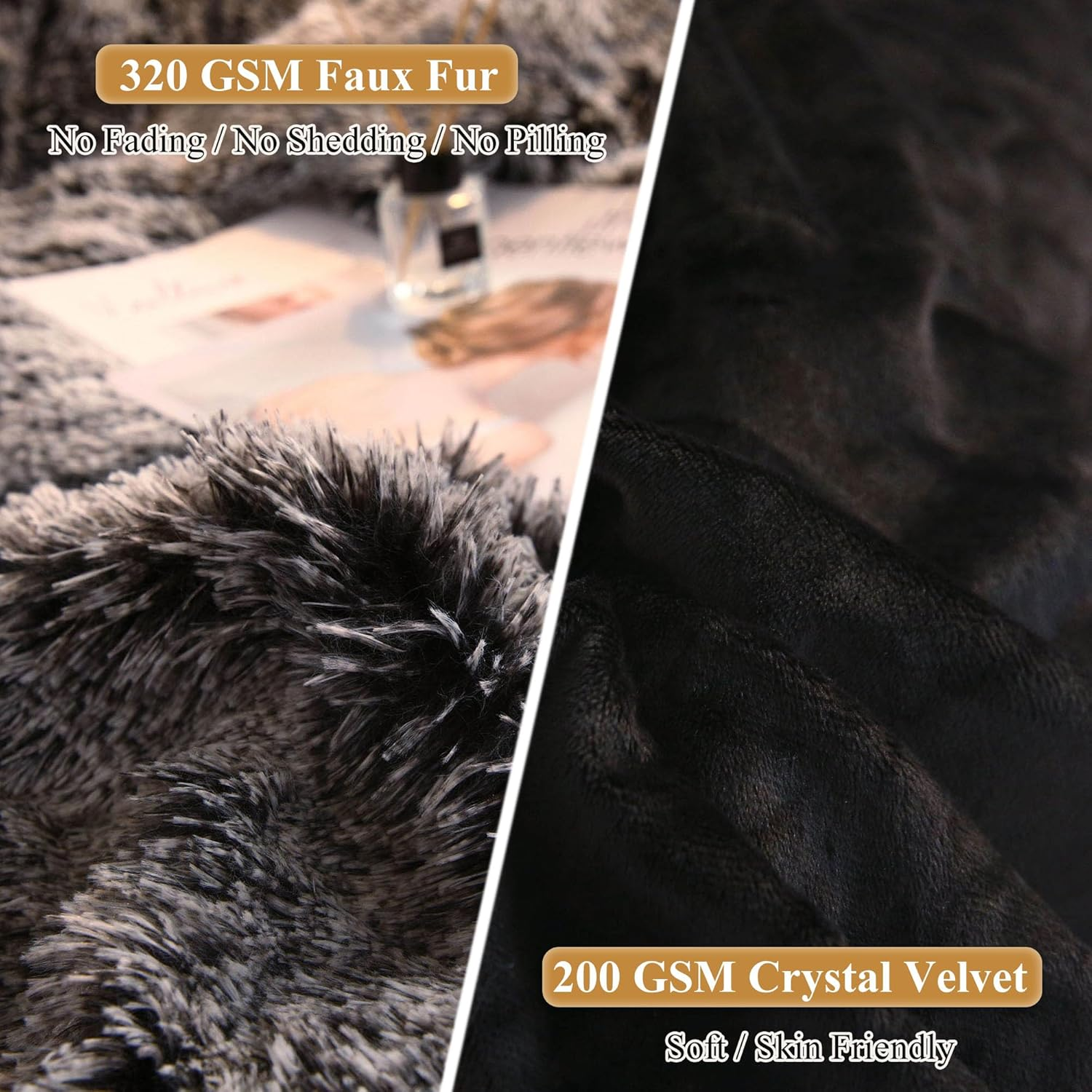 Xege Faux Fur Throw Pillow Cases, Plush Shaggy Ultra Soft Pillow Covers, Fluffy Crystal Velvet Decorative Pillowcases, Furry Fuzzy Pillow Shams Zipper Closure, Set of 2(Standard, Black Ombre) image number 4