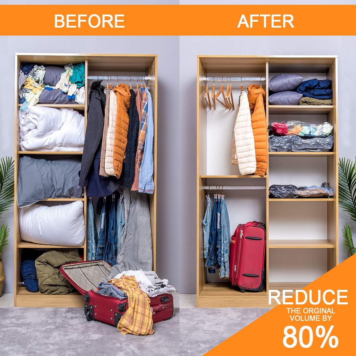 Vacuum Storage Bags (3 X Jumbo, 3 X Large, 3 X Medium, 3 X Small), Space Saver Sealer Compression Bags with Travel Hand Pump for Blankets, Comforters, Pillows, Clothes Storage image number 5