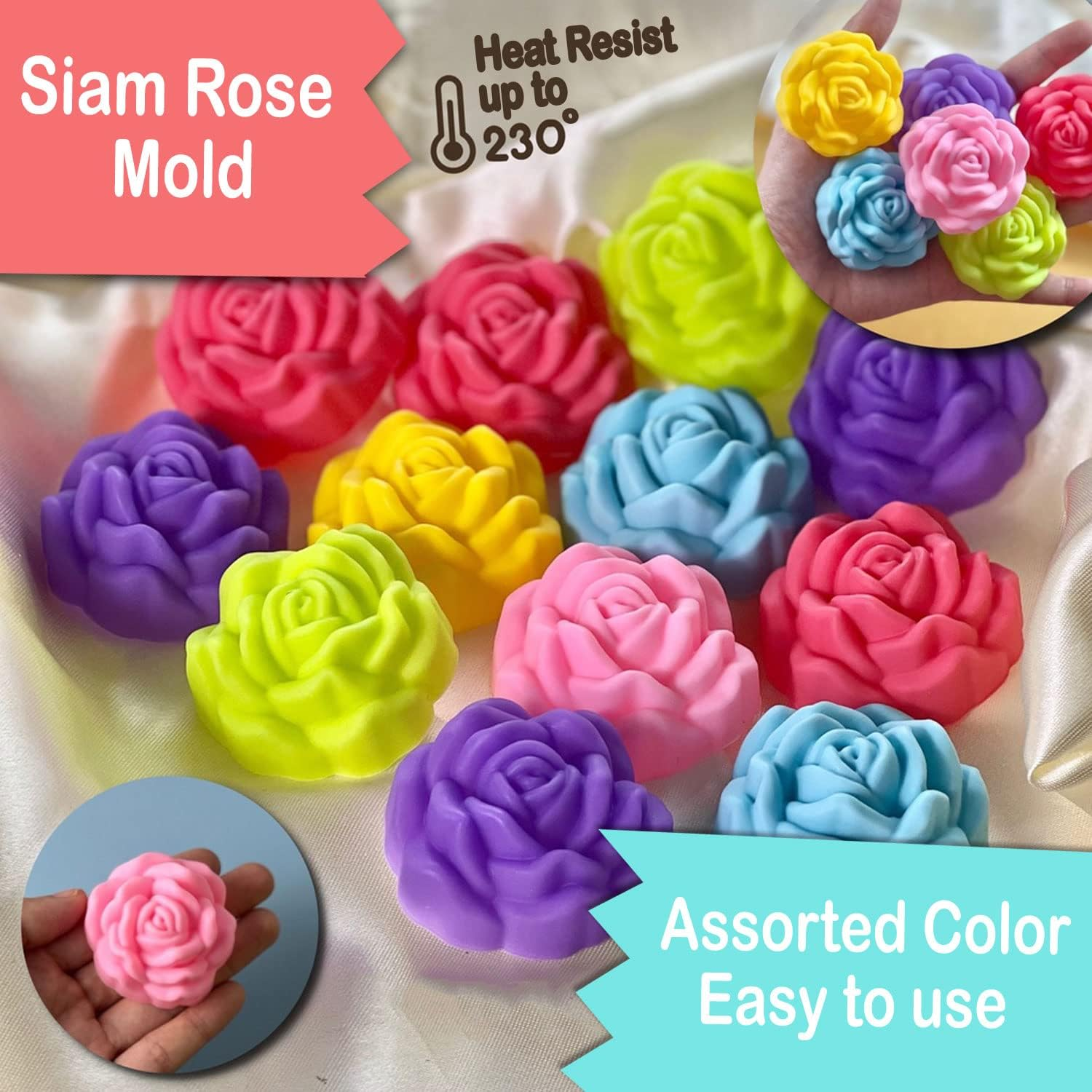12PC Pack Siam Rose Shape Molds | Assorted Colors Flower Mixed Design Mold for Chocolate Molds Candy Molds Mini Soap Molds Silicone Ice Cube Jelly | Separated Individual Mold image number 2