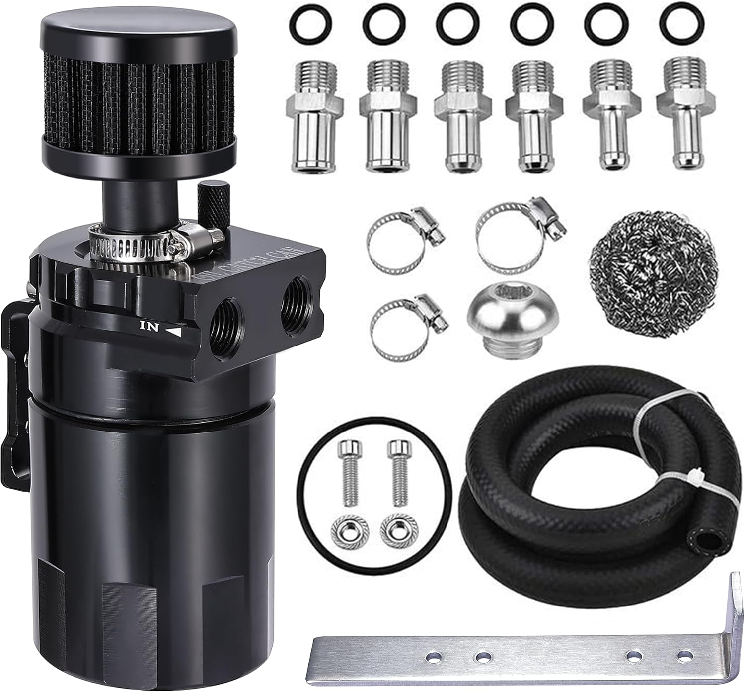 EVIL ENERGY Polish Baffled Universal Oil Catch Can Reservoir Tank Breather Filter Kit with 3/8" NBR Fuel Line Aluminum Black