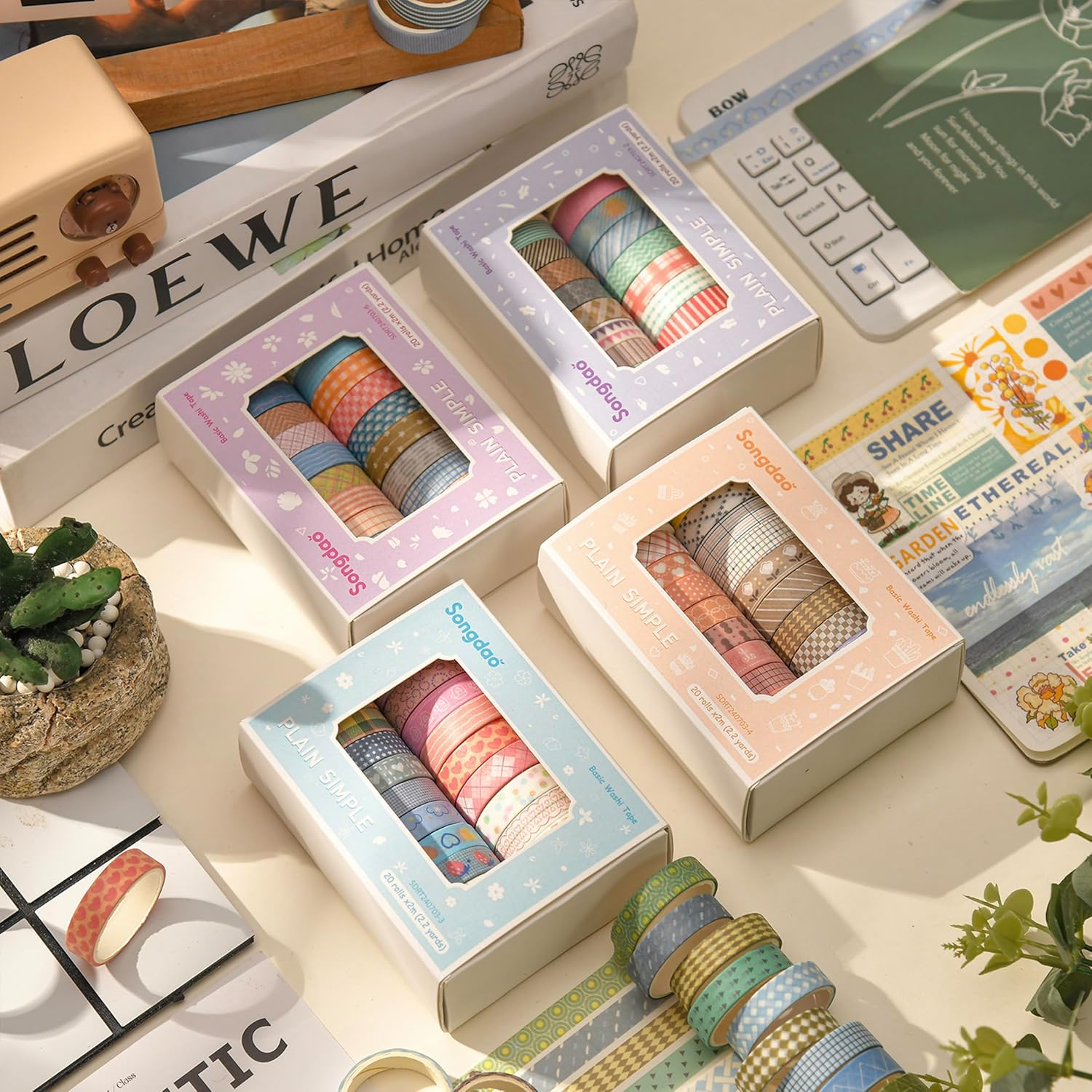 Songdao 20 Rolls Basic Washi Tape Set Japanese Arts Adhesive Tapes Simple Patterns Decorative Masking Tape Sets for Craft, Kids, Scrapbook, DIY, Gift Wrapping (Style One) image number 5