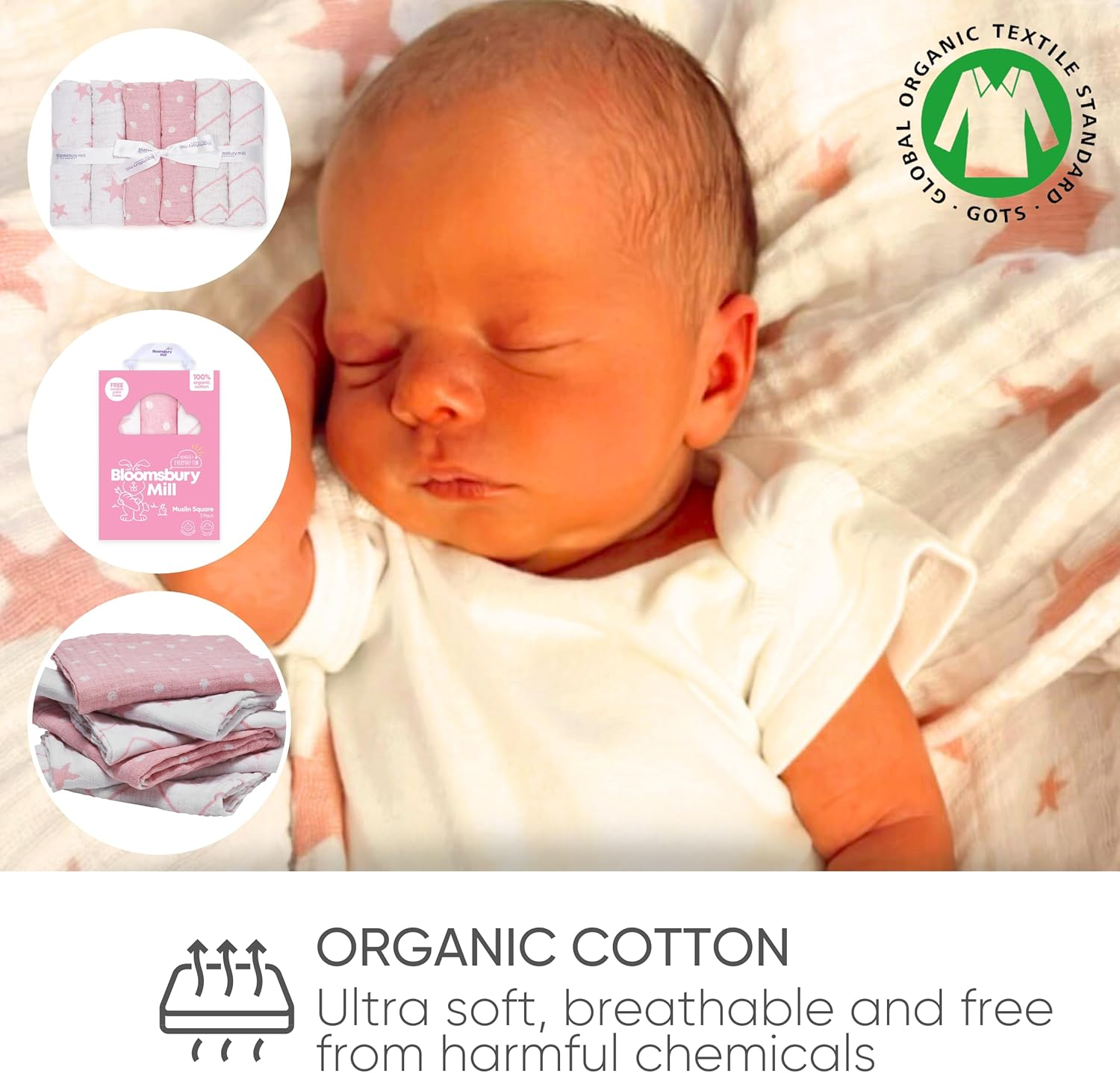 Bloomsbury Mill - Muslin Cloths for Baby - Soft 100% Organic Cotton Muslin Squares - Baby Muslins Pack of 3 - Large Burp Cloths - Newborn Essentials - Pink & White - 70X70Cm - Animal Print image number 2