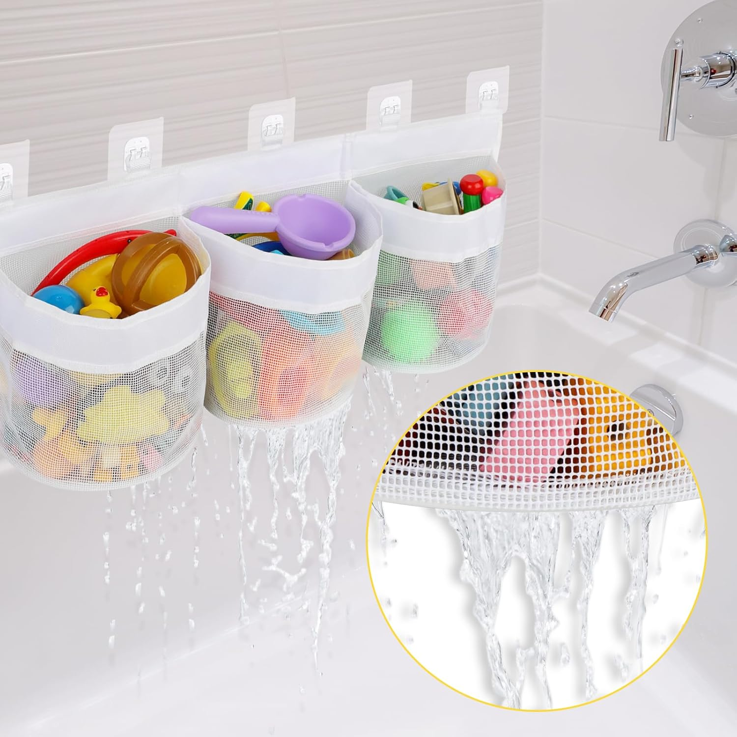 Large Bath Toy Storage Organizer with 3 Compartment Openings 5 Strong Self Adhesive Hooks, Mesh Baby Bathtub Shower Toy Tidy Net Basket Holder Bags for Bathroom Bedroom image number 3