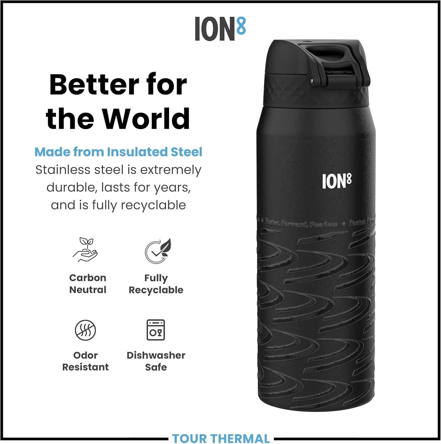 ION8 Thermal Water Bottle 750 Ml/24 Oz Leak-Proof & BPA Free Insulated Drinking Bottle, Triple Lock Lid to Prevent Spills, Vacuum Insulated Themoshield Stainless Steel, Carry Handle, Motogp Lean image number 6