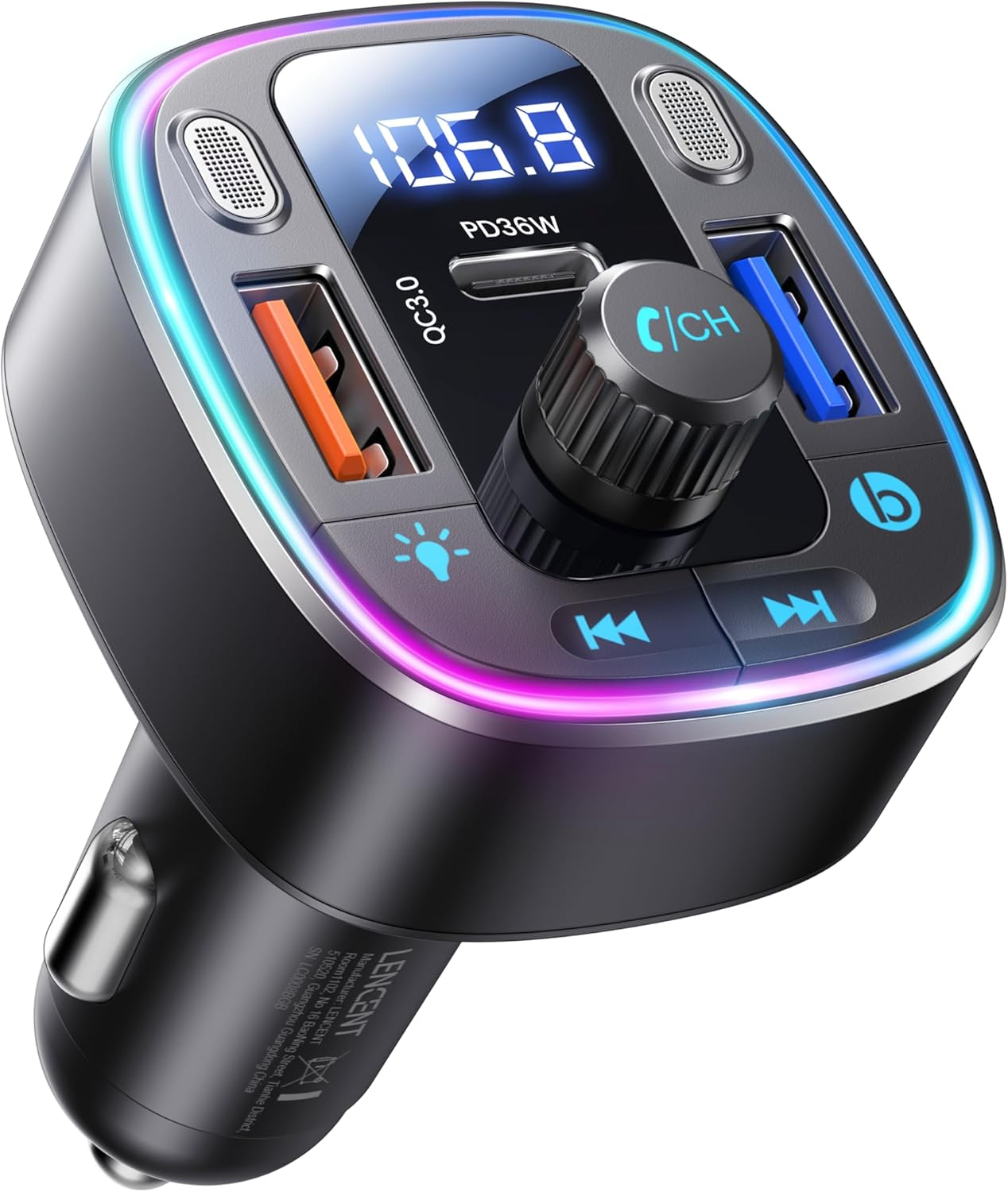 LENCENT Bluetooth 5.4 Car Adapter FM Transmitter 54W Fast Charging (PD 30W & QC18W), Dual Mics, Hifi Bass, 2 Modes LED Backlit, Cigarette Lighter Adapter Hands-Free Calling Radio, Support USB Drive image number 3