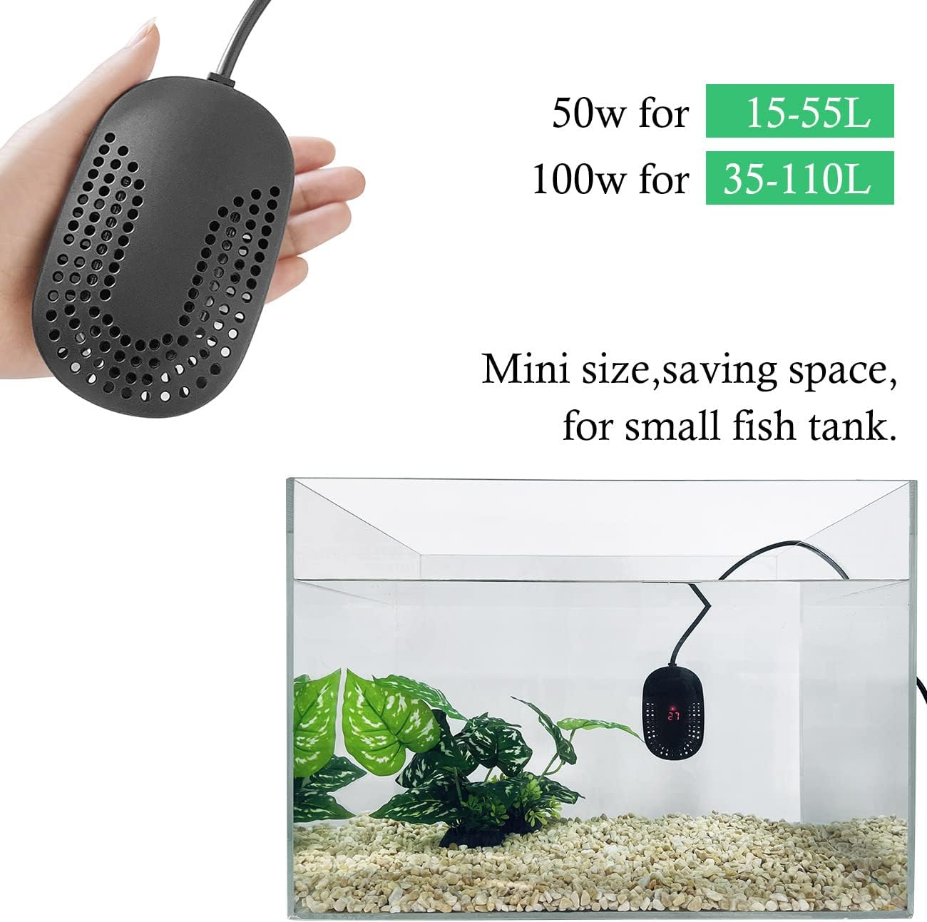 Mini Aquarium Heater 50W 100W, Submersible Fish Tank Heater with External Controller, Shatterproof Heater for 15-110L Fish and Turtle Tank, Betta Heater for Saltwater and Fresh Water (100W) image number 5