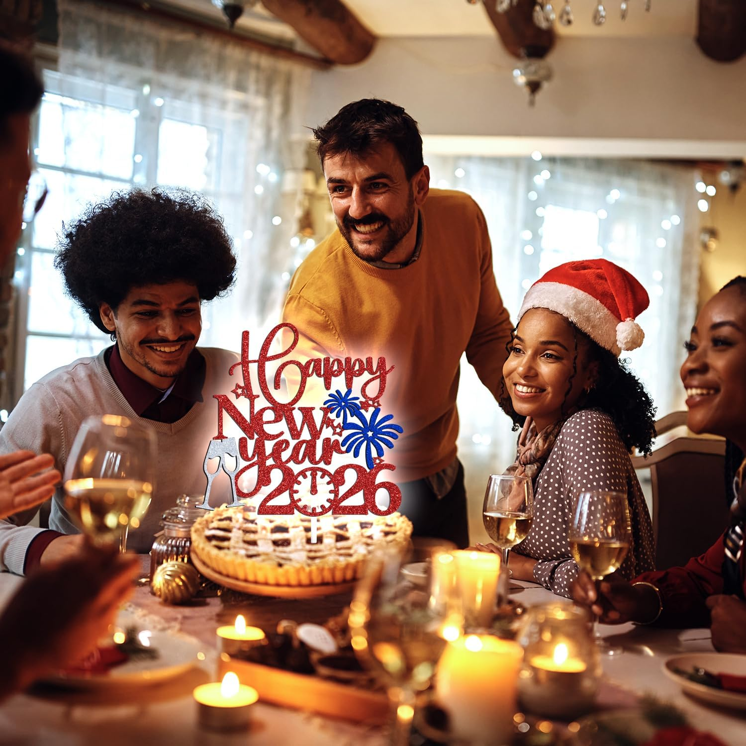 Happy New Year 2025 Cake Topper, Welcome 2025 Goodbye 2024, New Year Eve/Happy Hoilday/Merry Christmas Party Decorations Supplies, Photo Props, Red and Blue Glitter image number 3