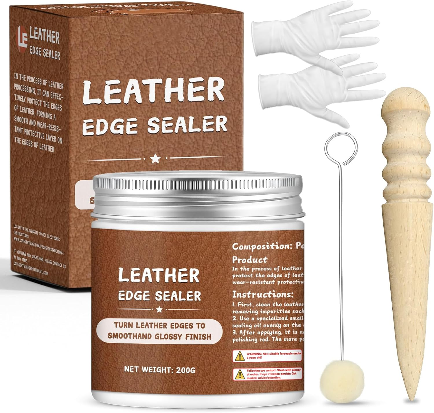 200G Leather Edge Sealer Kit, Leather Burnishing Gum for Smooth Glossy Edges, Increases Wear Resistance and Protective Effect, Suitable for Bags, Wallets, Accessories and Other Handicrafts