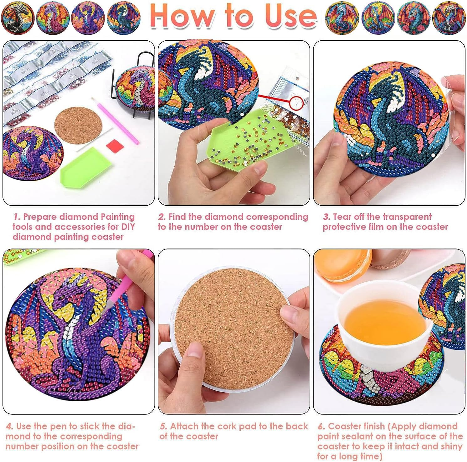 Ijbnhd 8 PCS Dragon DIY Diamond Painting Coasters Set with Holder, 5D Crafts Supplies (Cork Wooden Pad, Multicolored Red Green Gold) image number 6