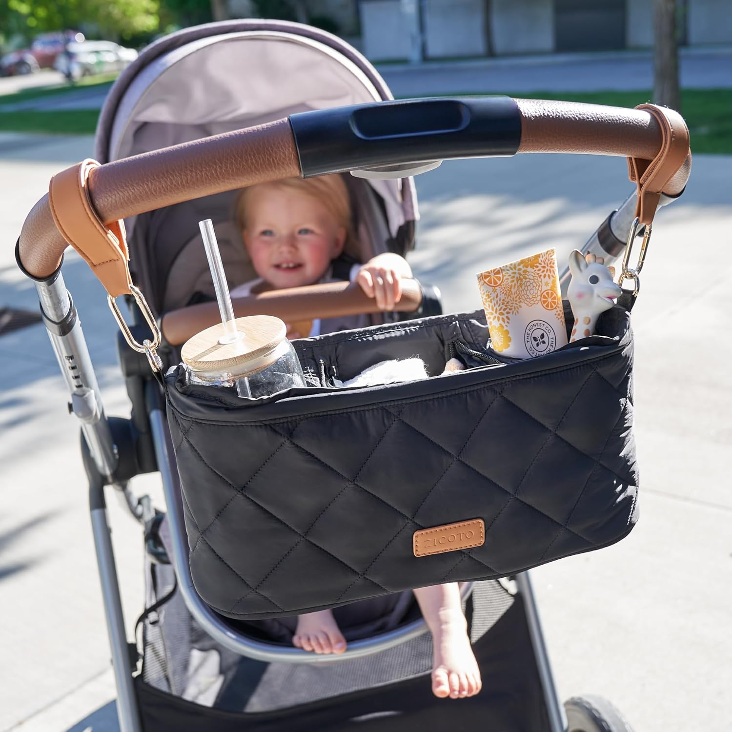 ZICOTO Beautiful Stroller Organizer Bag - Easy to Install Stroller Caddy Incl. Cup Holder Attachment - Perfectly Sized Accessories for Any Stroller - Pink image number 3