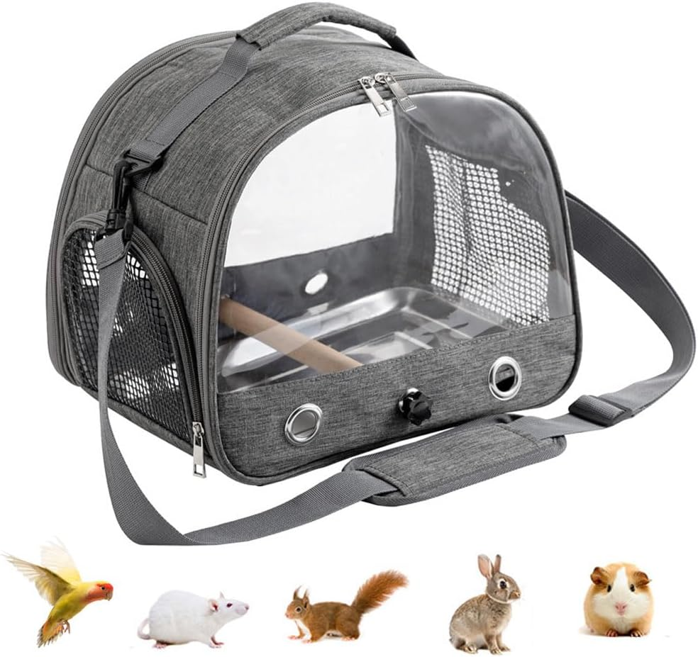 Esforzarse Grey Bird Travel Carrier with Stand Perch and Stainless Tray, Pet Transparent Breathable Travel Cage, Portable Small Bird Parrot Parakeet Cockatiel Carrier for Small Cockatiel, Birds,Parrot image number 4
