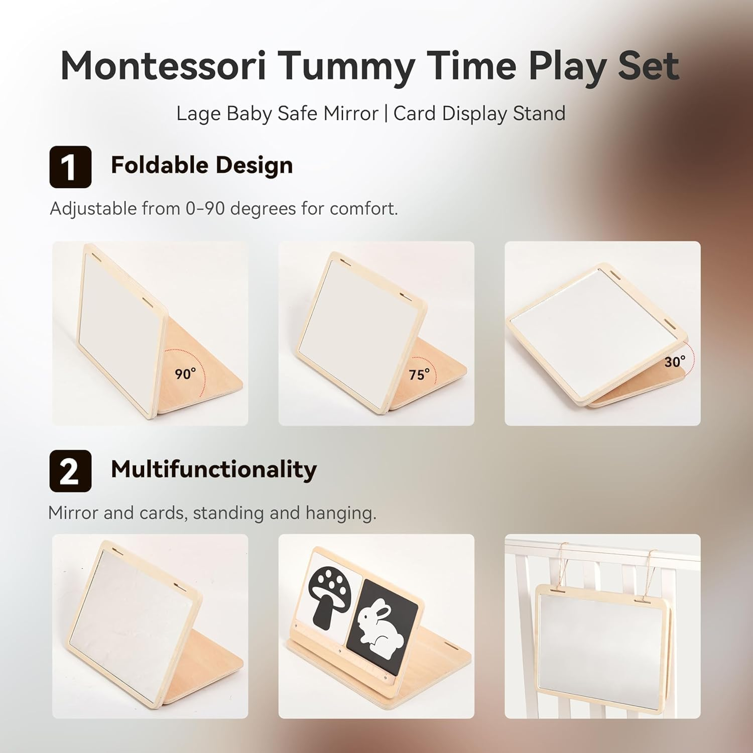 EERKEOD Tummy Time Mirror Large Montessori Tummy Time Toys Baby Safe Mirror and Card Display Stand with Black and White High Contrast Baby Cards Adjustable Angle and Double-Sided Design image number 2