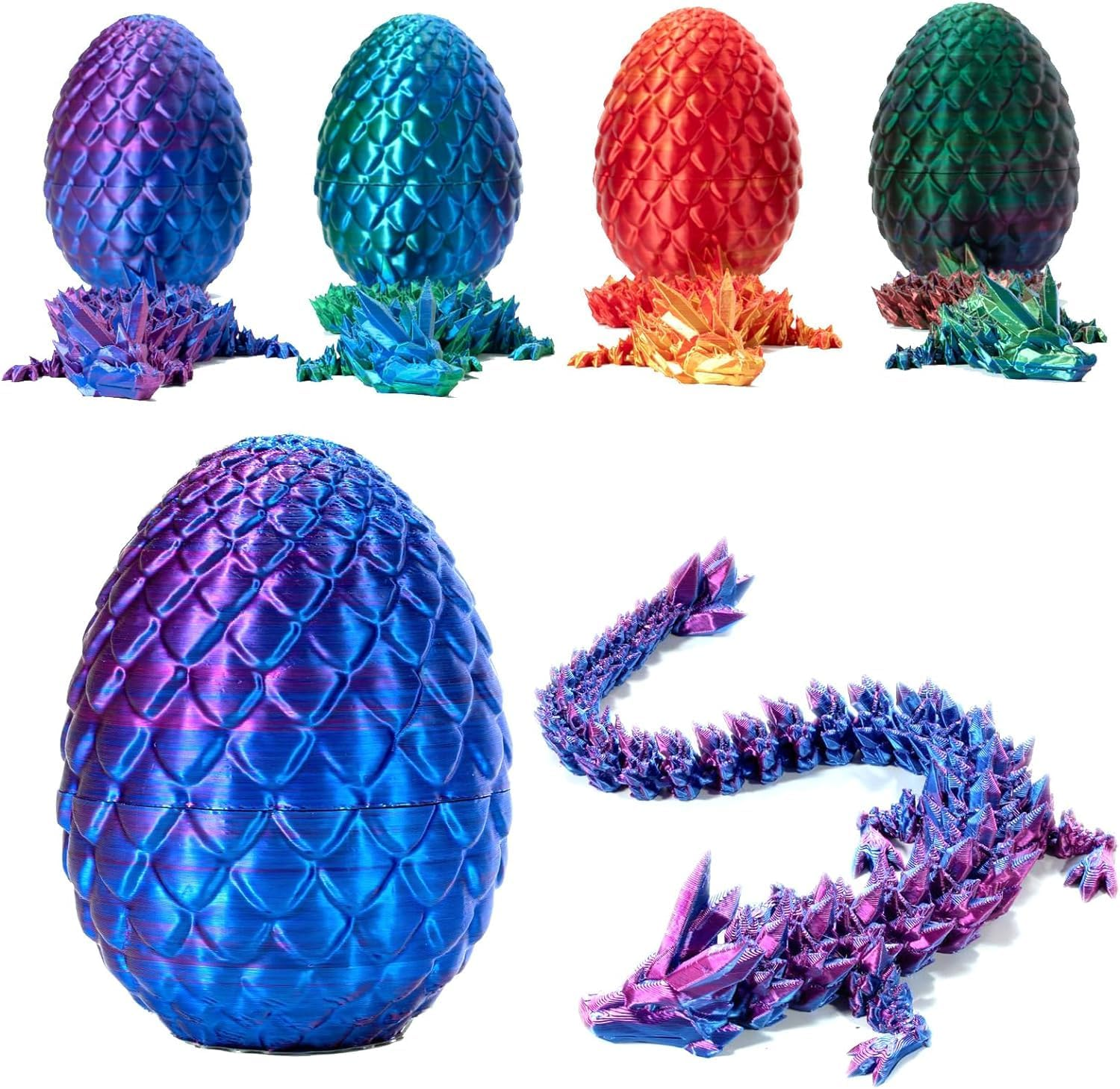 3D Printed Dragon in Egg, Full Articulated Crystal with Dragon Egg, Home Office Decor Executive Desk Toys, Adults Fidget Toys for Autism/Adhd (Laser Purple, 12") (Blue)