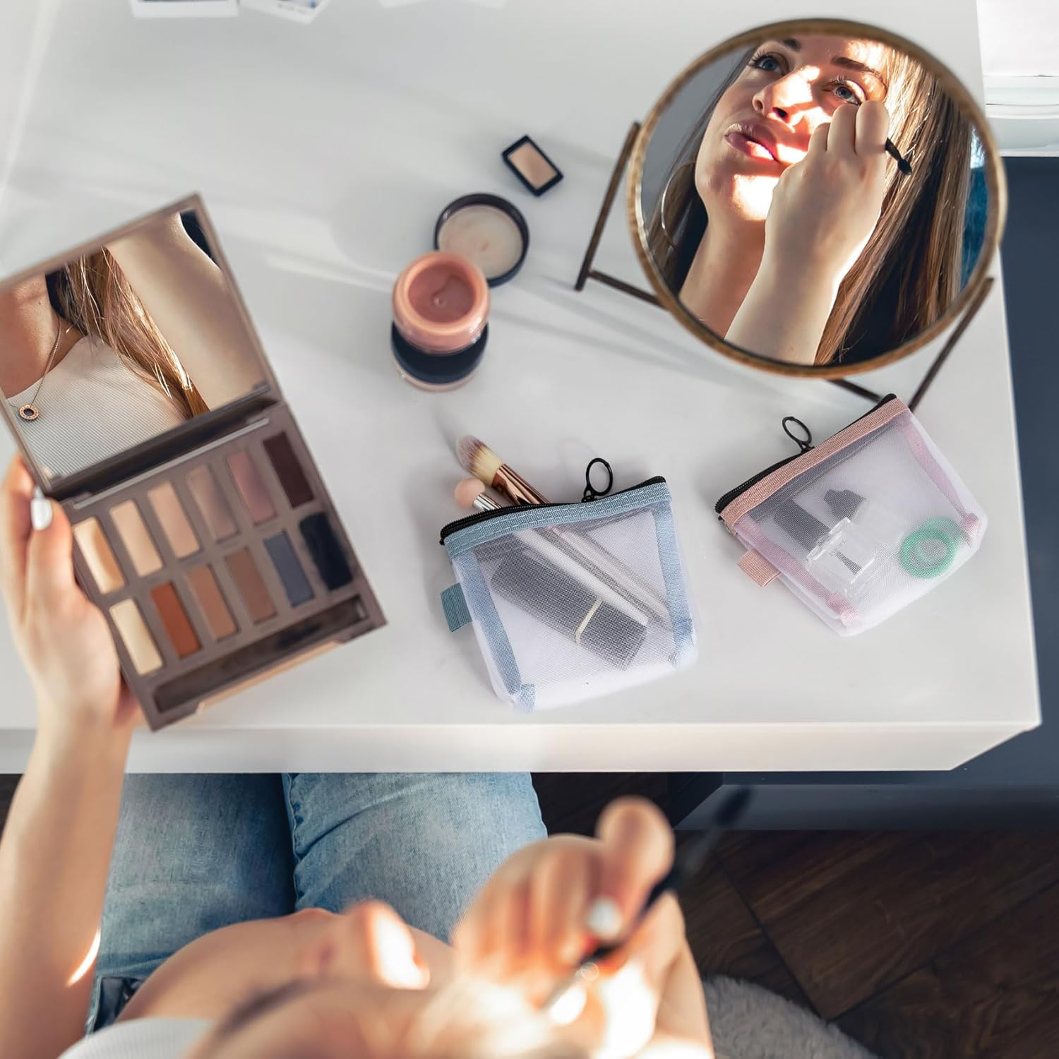 BEIQIYA 3Pcs Mini Mesh Bag with Zipper, Small Clear Nylon Makeup Bags, Portable Travel Cosmetic Pouch Purse for Lipstick Coin Keys Cards- Blue & Pink & Green - Black  Gray  Blue  Red  Yellow image number 5