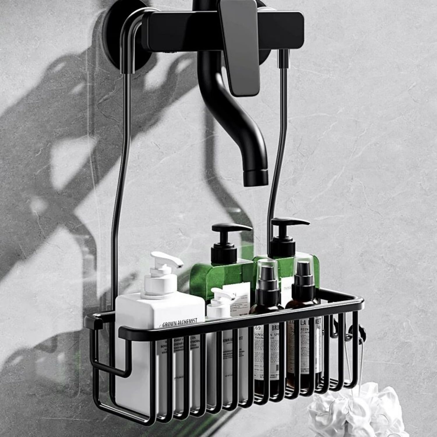 Hanging Shower Caddy for Bathroom Organizer, over the Shower Mixer Taps Hanging Shower Shelf without Drilling, Bathroom Caddy & Basket with 2 Hooks, Toiletries Organizer for Bathroom Storage - Black image number 3